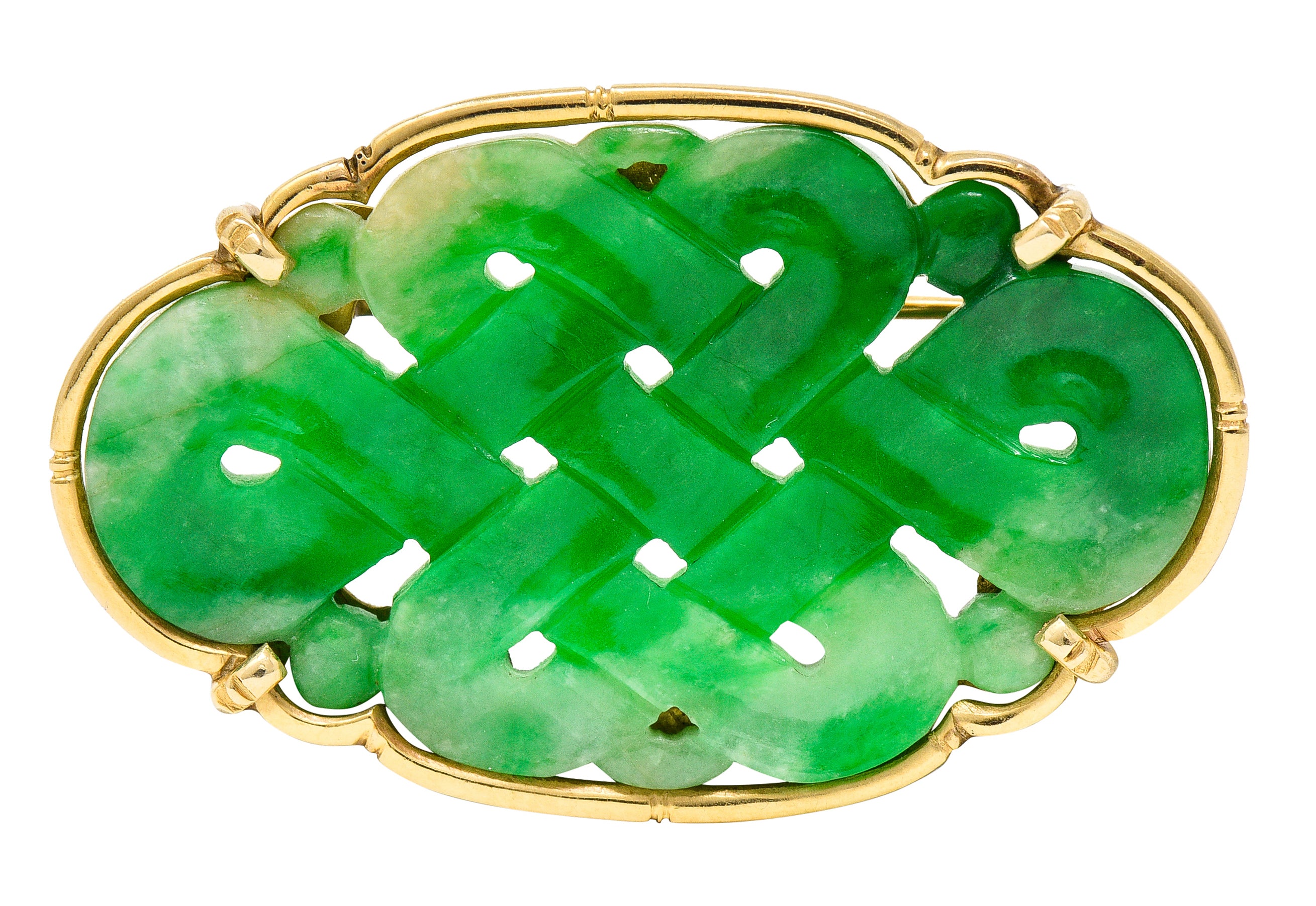 Ming's Retro Jade 14 Karat Yellow Gold Carved Lattice Brooch Wilson's Estate Jewelry