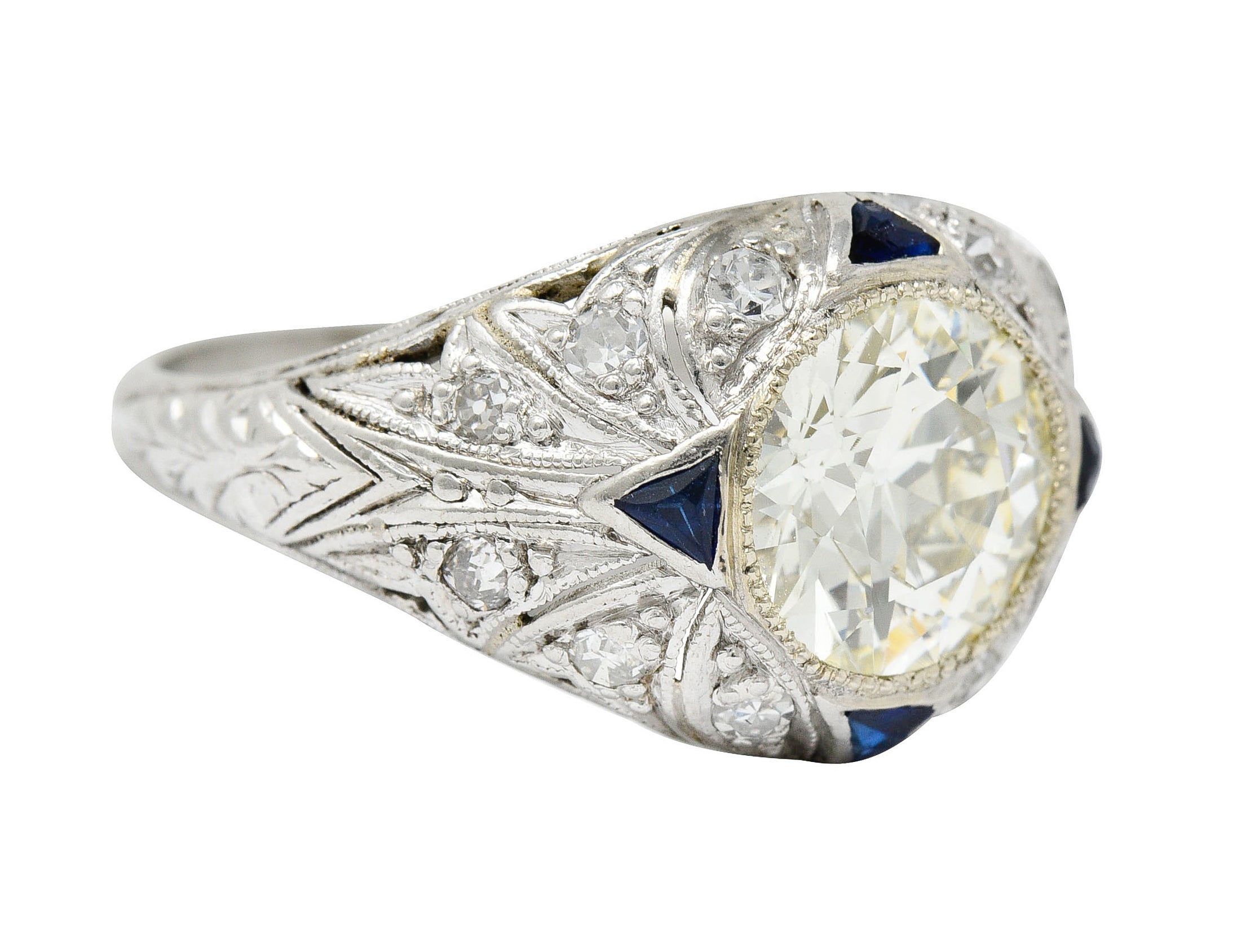 Art Deco 2.06 CTW Diamond Sapphire Platinum Engagement Ring GIARing - Wilson's Estate Jewelry