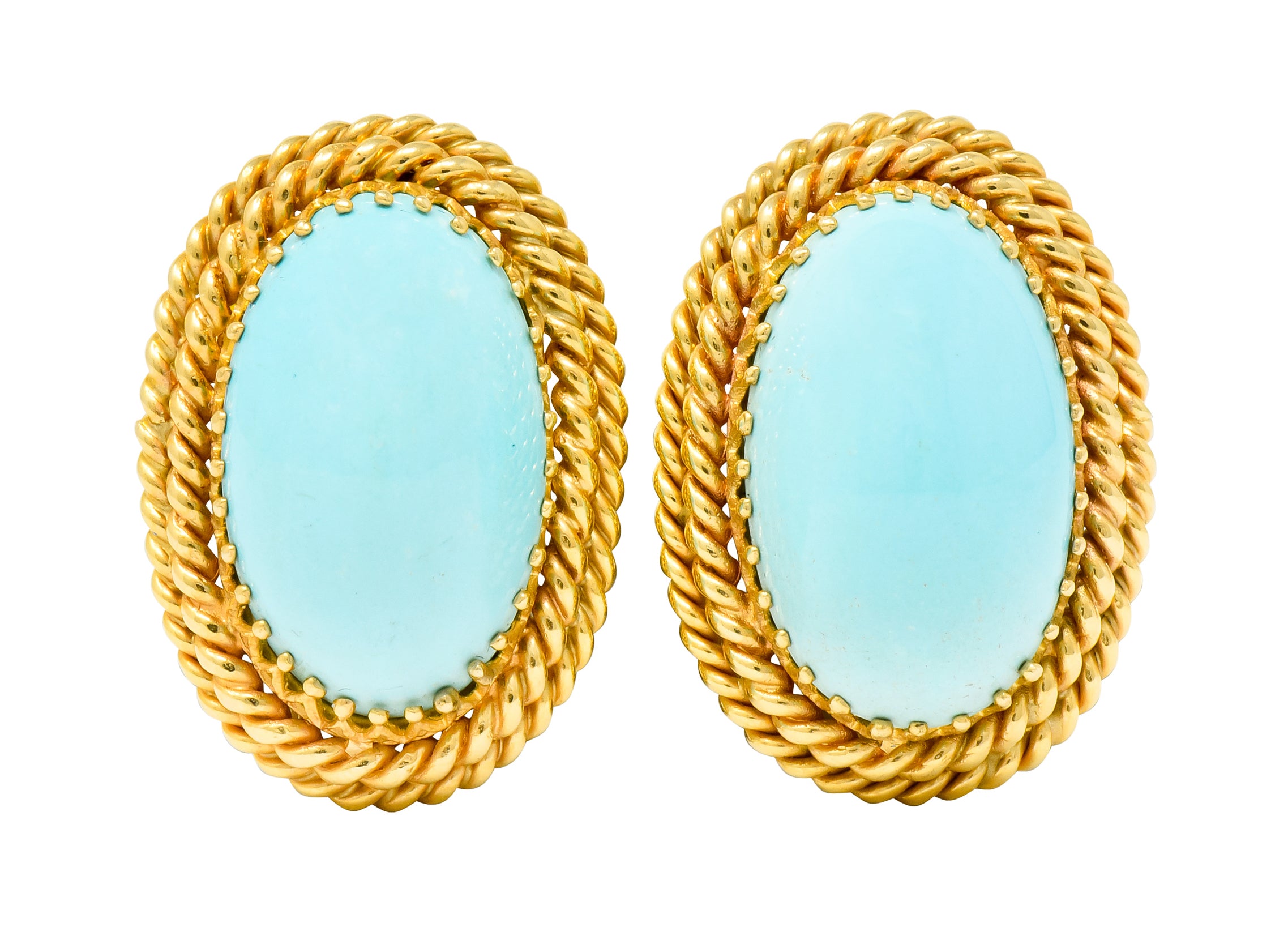 1960's Turquoise Cabochon 14 Karat Gold Earrings Twisted Rope Earrings - Wilson's Estate Jewelry