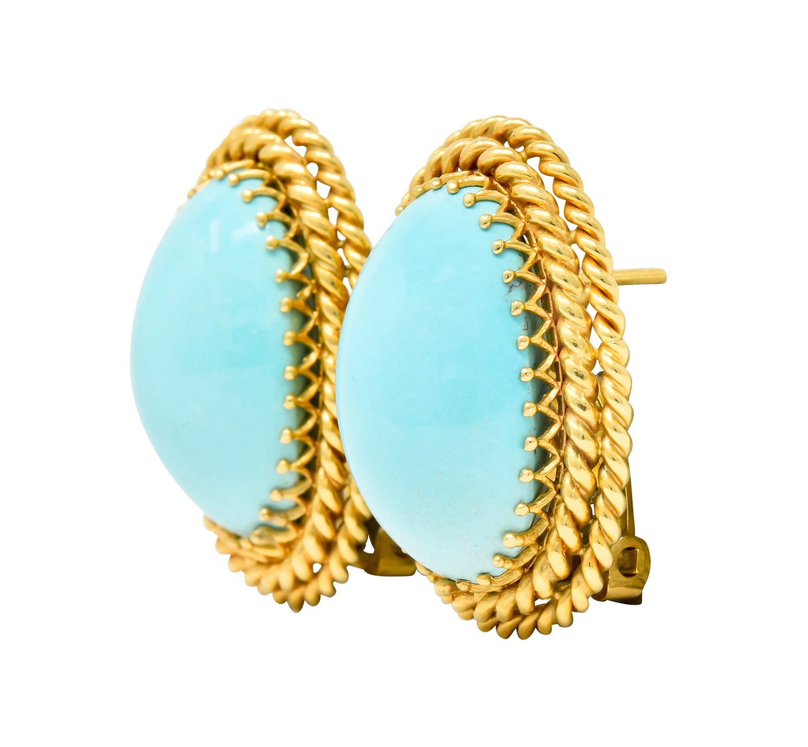 1960's Turquoise Cabochon 14 Karat Gold Earrings Twisted Rope Earrings - Wilson's Estate Jewelry