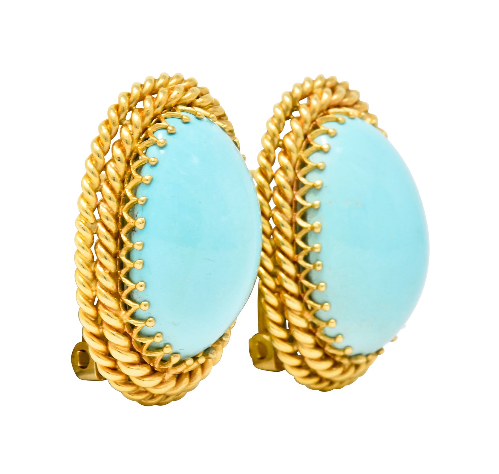 1960's Turquoise Cabochon 14 Karat Gold Earrings Twisted Rope Earrings - Wilson's Estate Jewelry