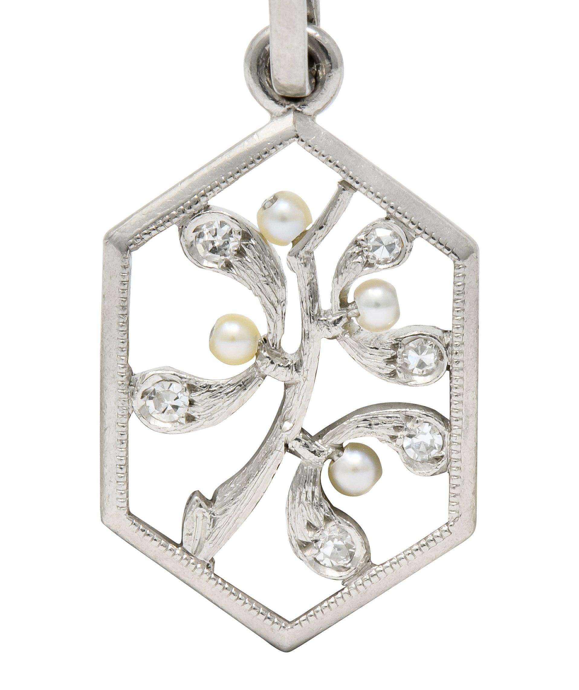 Edwardian Diamond Seed Pearl Platinum Hexagonal Maple Branch Charm - Wilson's Estate Jewelry