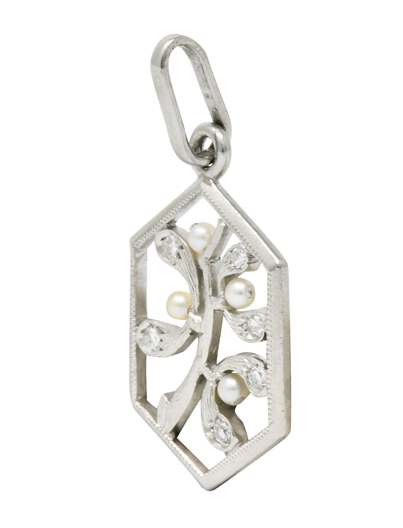 Edwardian Diamond Seed Pearl Platinum Hexagonal Maple Branch Charm - Wilson's Estate Jewelry