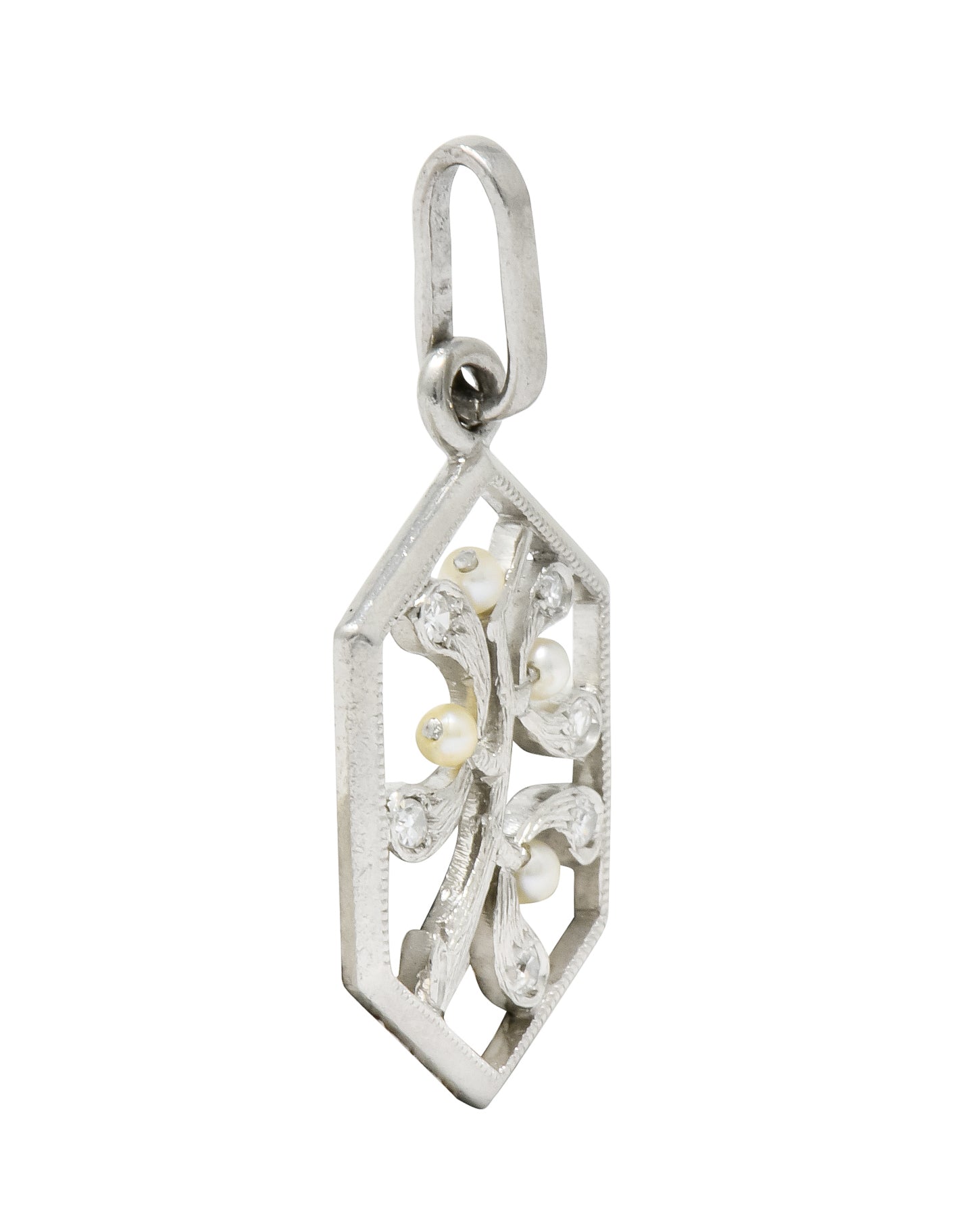 Edwardian Diamond Seed Pearl Platinum Hexagonal Maple Branch Charm - Wilson's Estate Jewelry