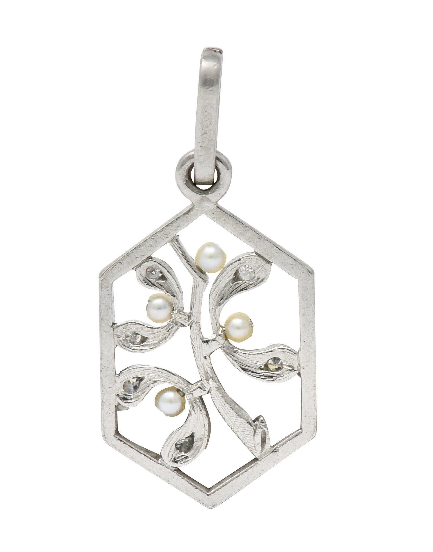 Edwardian Diamond Seed Pearl Platinum Hexagonal Maple Branch Charm - Wilson's Estate Jewelry