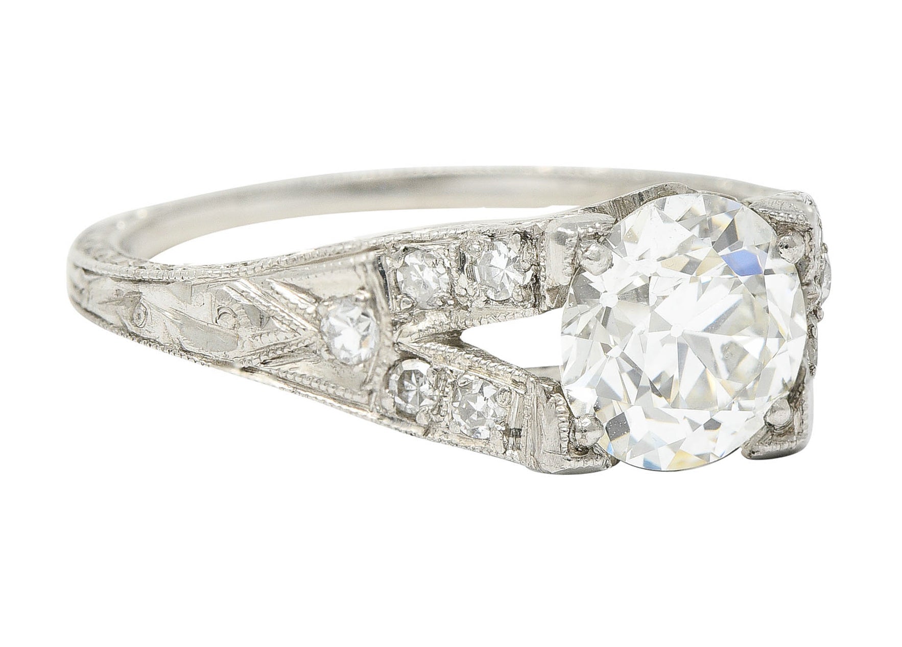 1930's Art Deco 1.68 CTW Diamond Platinum Lotus Engagement Ring GIARing - Wilson's Estate Jewelry