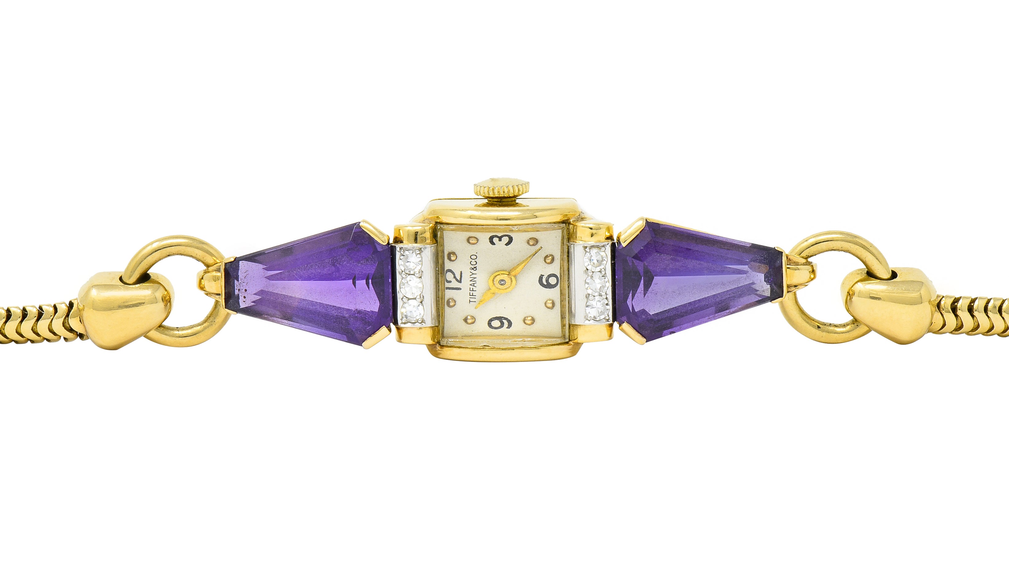 Tiffany & Co. Retro Amethyst Diamond 14 Karat Gold Watch Bracelet - Wilson's Estate Jewelry