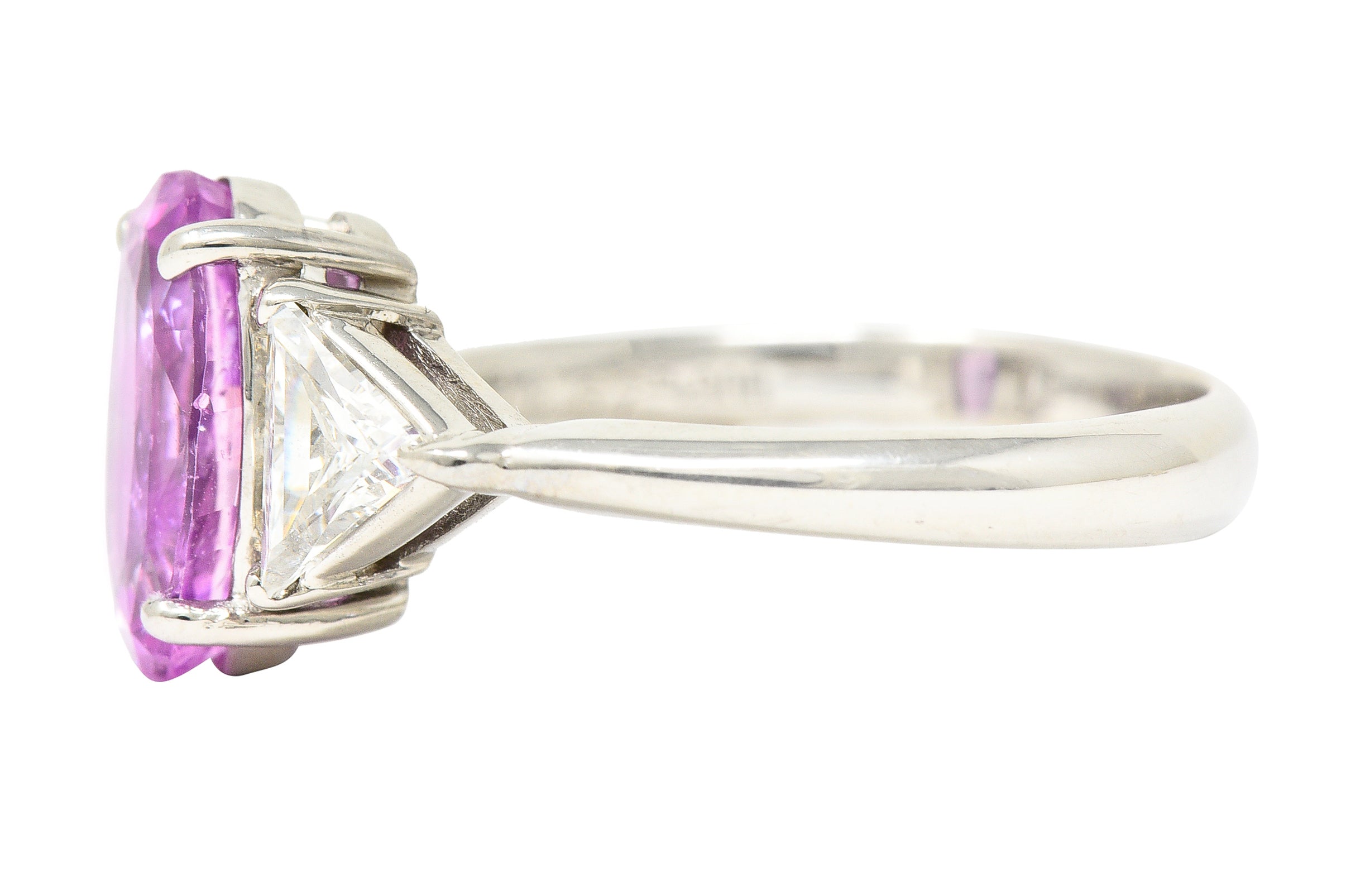 .11111 *Contemporary 4.21 CTW Oval Cut No-Heat Sri Lankan Pink Sapphire Trillion Cut Diamond Platinum Three Stone Ring GIA Wilson's Estate Jewelry