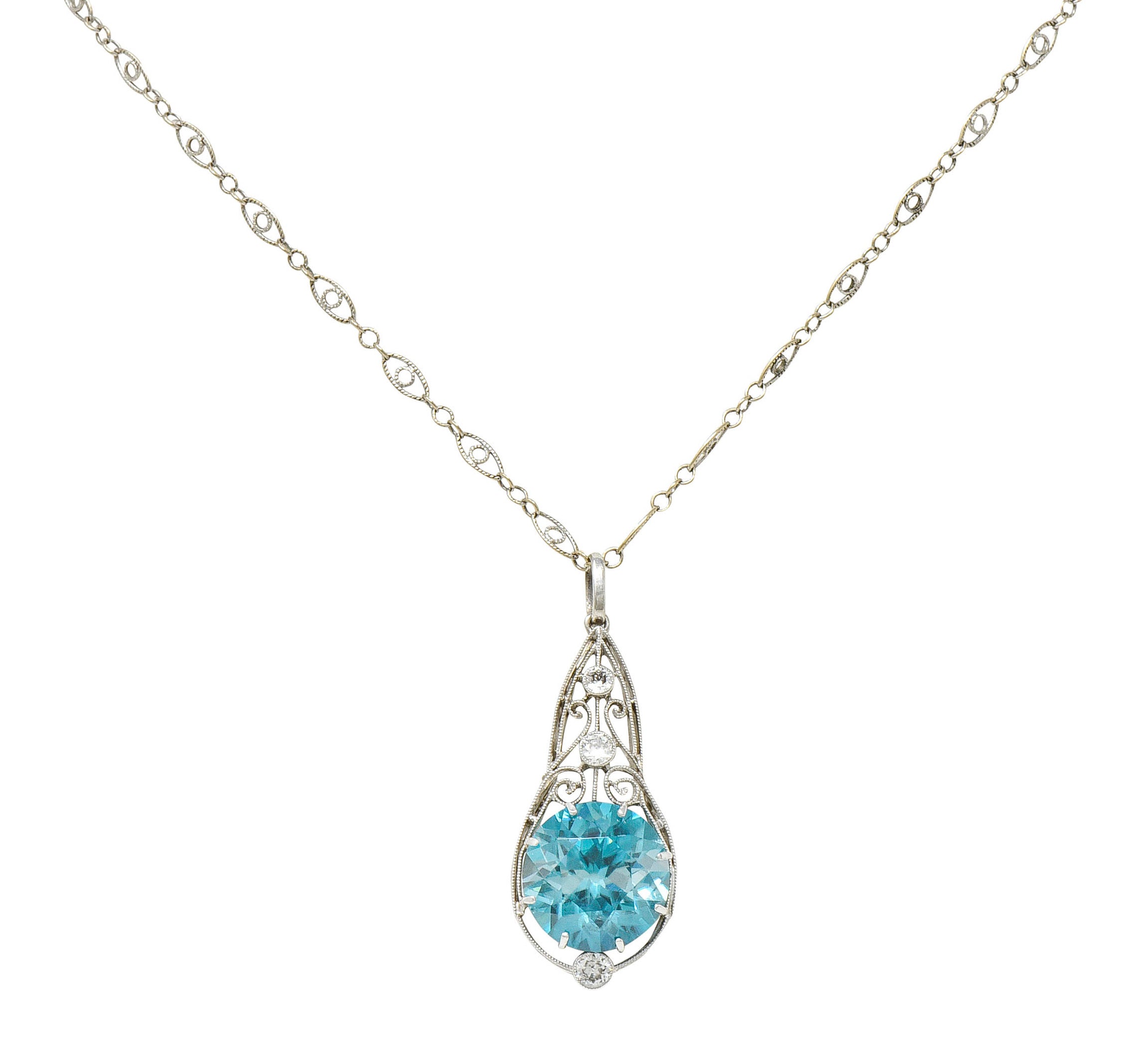 Art Deco Blue Zircon Diamond Platinum Scrolled Pendant NecklaceNecklace - Wilson's Estate Jewelry