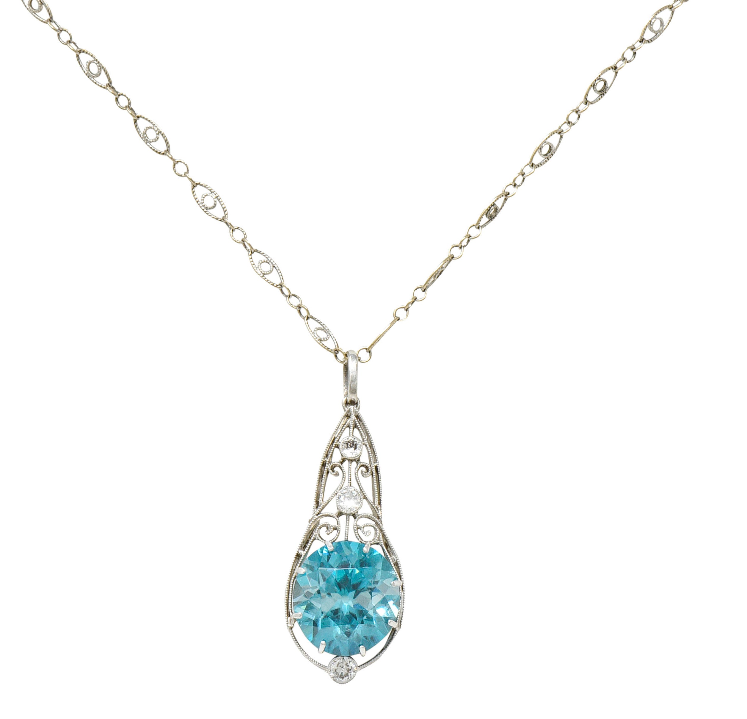 Art Deco Blue Zircon Diamond Platinum Scrolled Pendant NecklaceNecklace - Wilson's Estate Jewelry