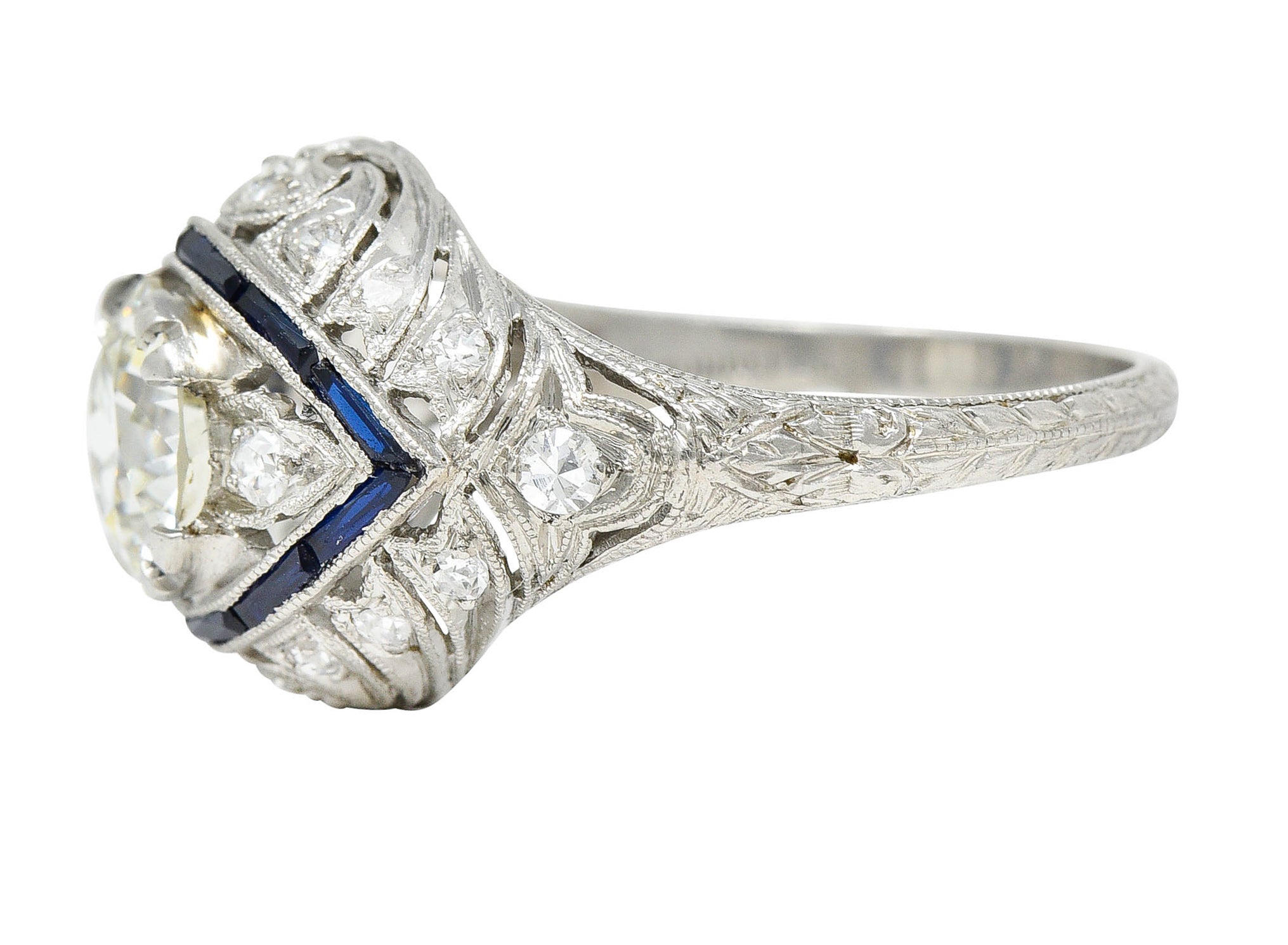 Art Deco 1.80 CTW Old European Cut Diamond Sapphire Platinum Engagement RingRing - Wilson's Estate Jewelry