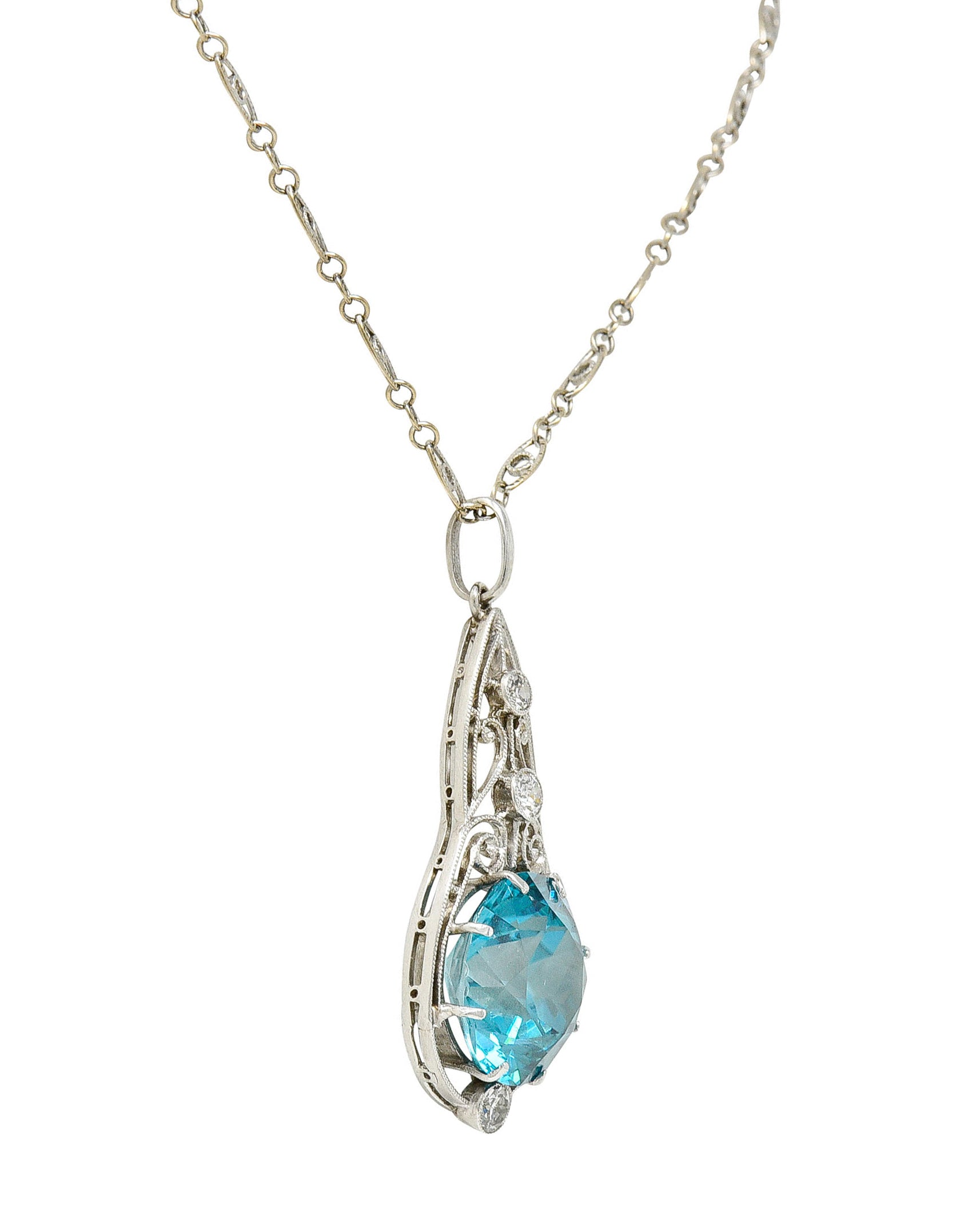 Art Deco Blue Zircon Diamond Platinum Scrolled Pendant NecklaceNecklace - Wilson's Estate Jewelry