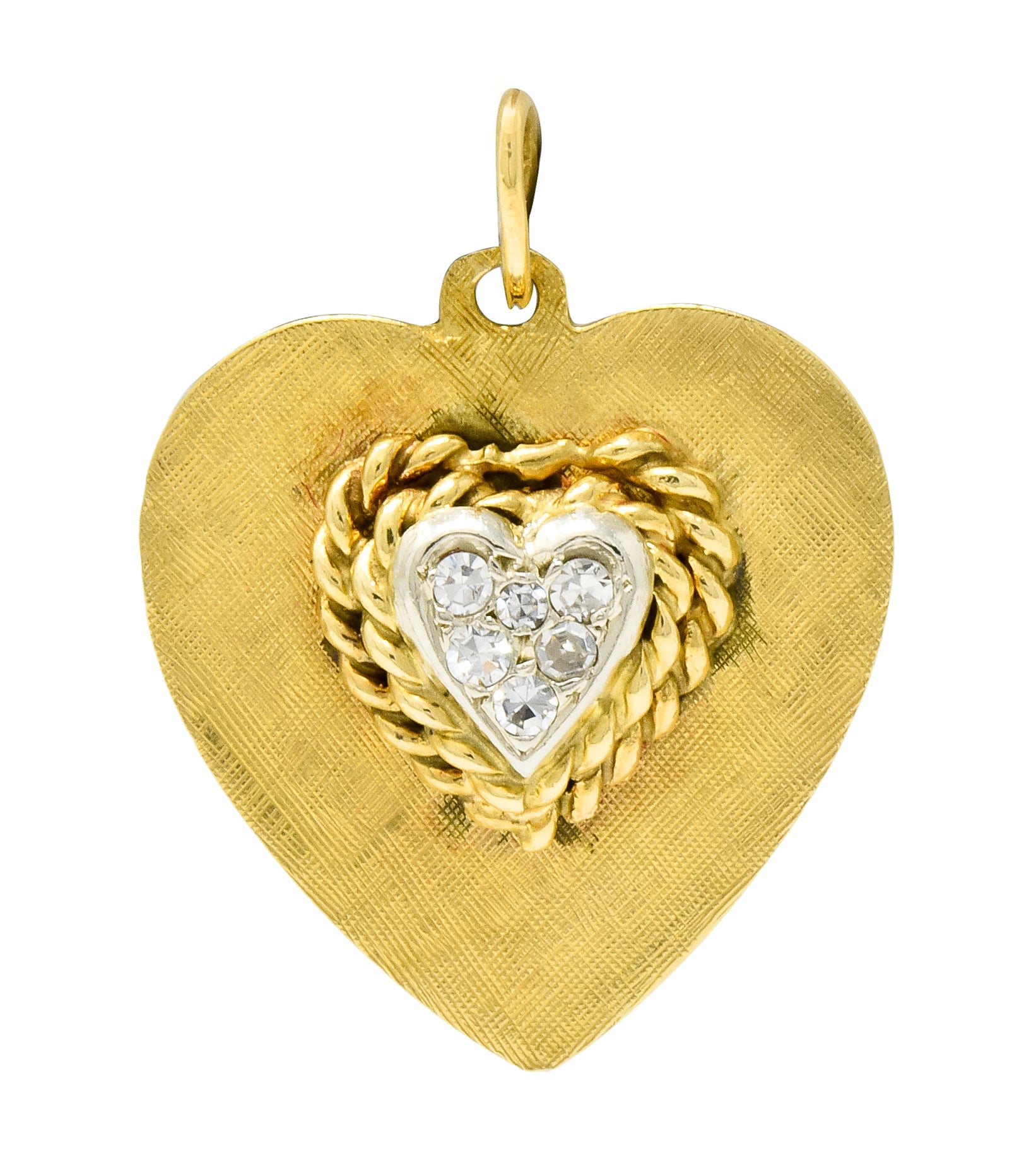 Retro Pave Diamond Platinum-Topped 14 Karat Gold Heart Charm - Wilson's Estate Jewelry