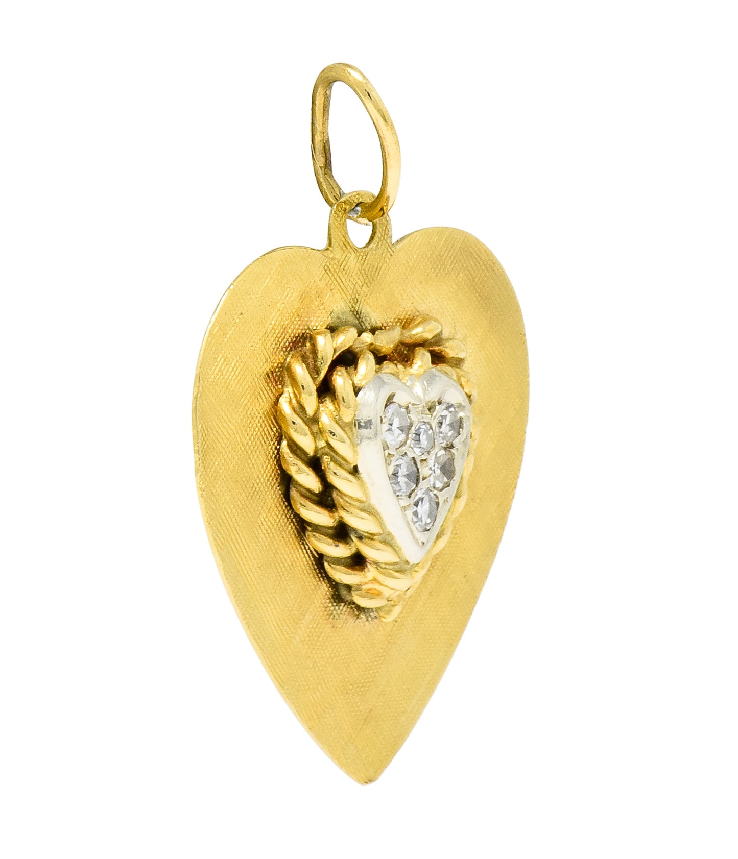 Retro Pave Diamond Platinum-Topped 14 Karat Gold Heart Charm - Wilson's Estate Jewelry