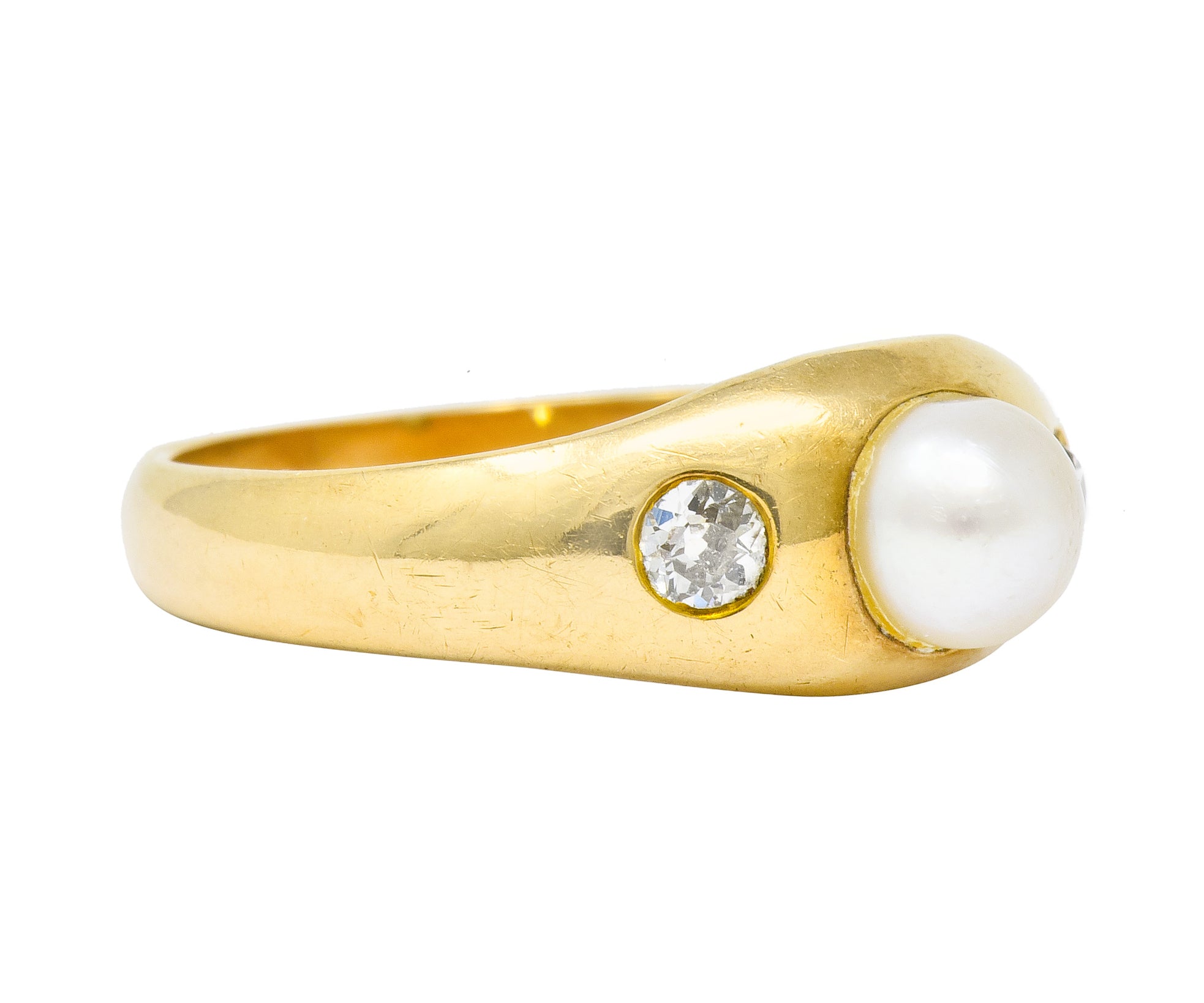 Victorian Pearl Diamond 14 Karat Gold Three Stone Gypsy Ring - Wilson's Estate Jewelry