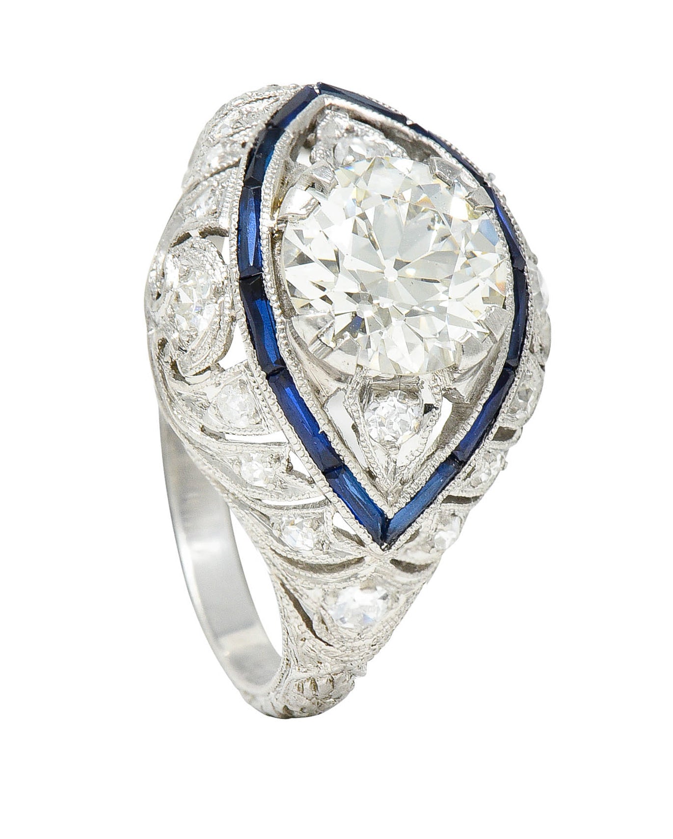 Art Deco 1.80 CTW Old European Cut Diamond Sapphire Platinum Engagement RingRing - Wilson's Estate Jewelry