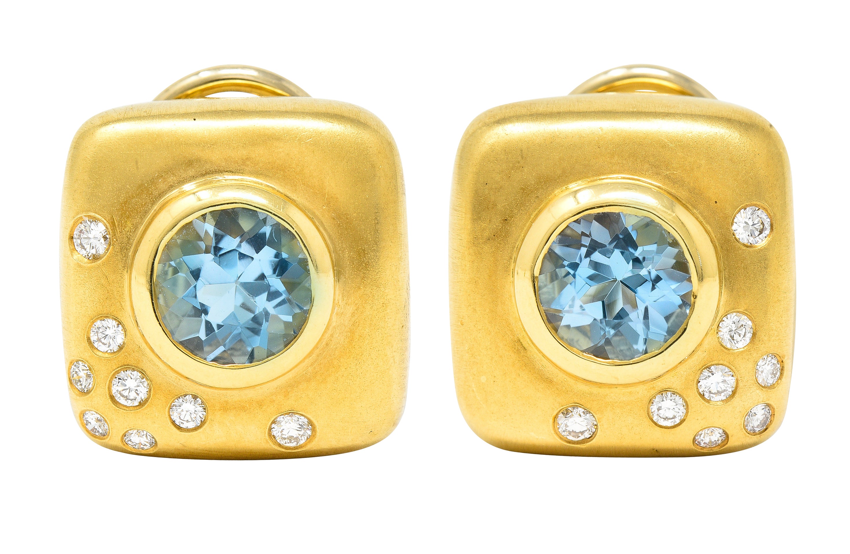 1997 Angela Cummings 2.58 CTW Aquamarine Diamond 18 Karat Yellow Gold Vintage Stud Earrings Wilson's Estate Jewelry