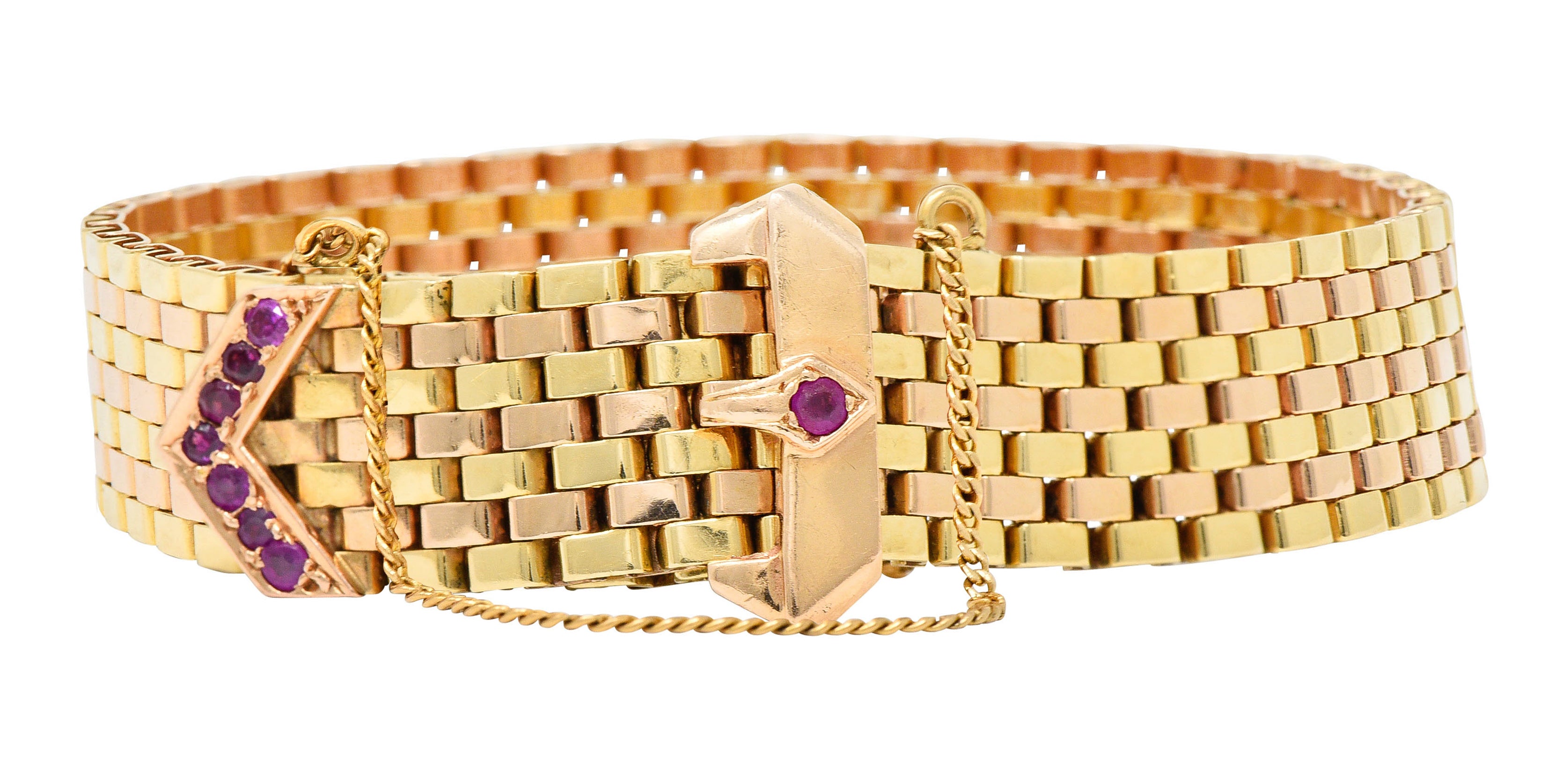 1940's Retro Ruby 14 Karat Two-Tone Gold Buckle Braceletbracelet - Wilson's Estate Jewelry