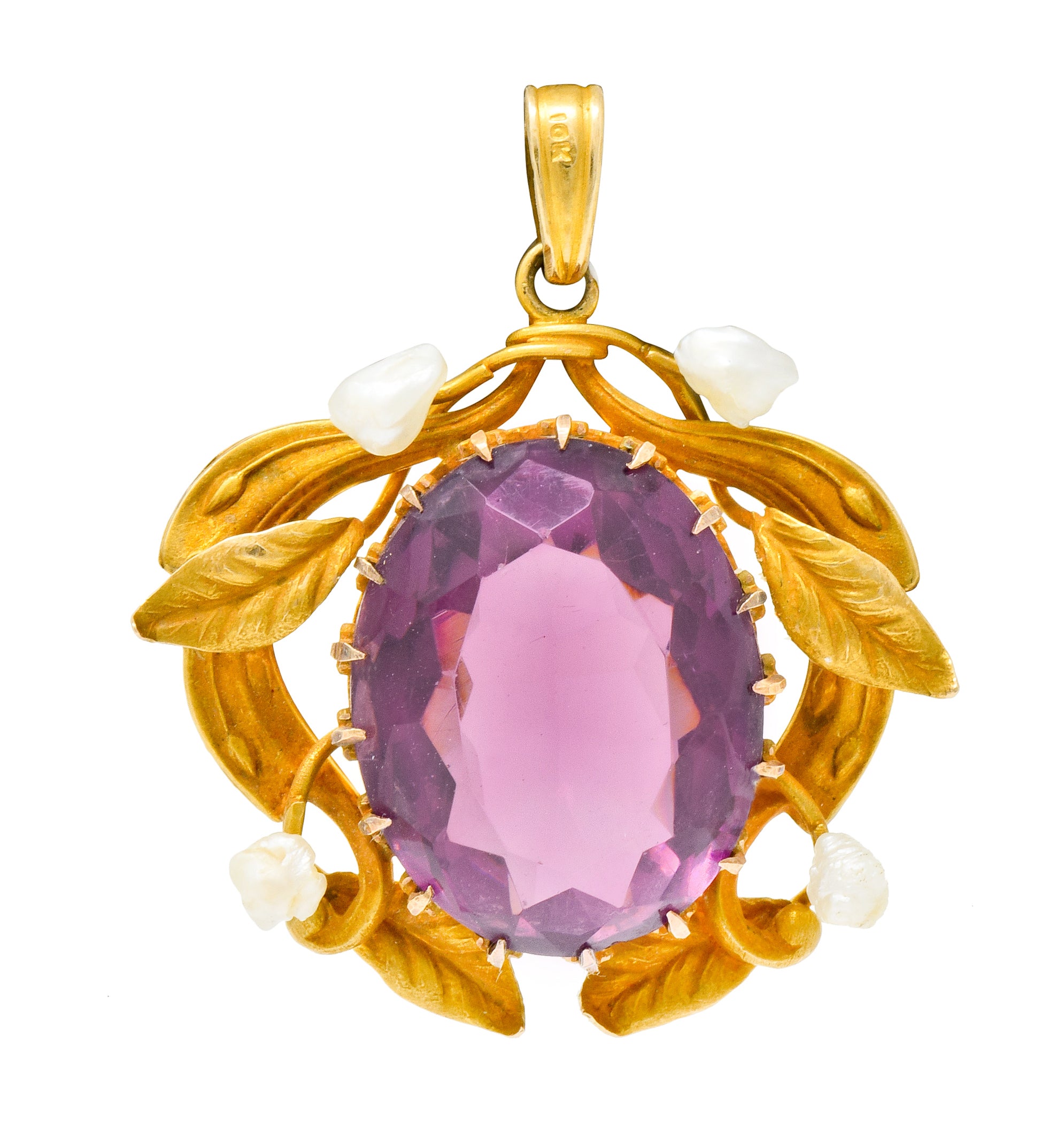 Art Nouveau Amethyst Natural Baroque Pearl 14 Karat Gold Foliate Wreath Pendant - Wilson's Estate Jewelry