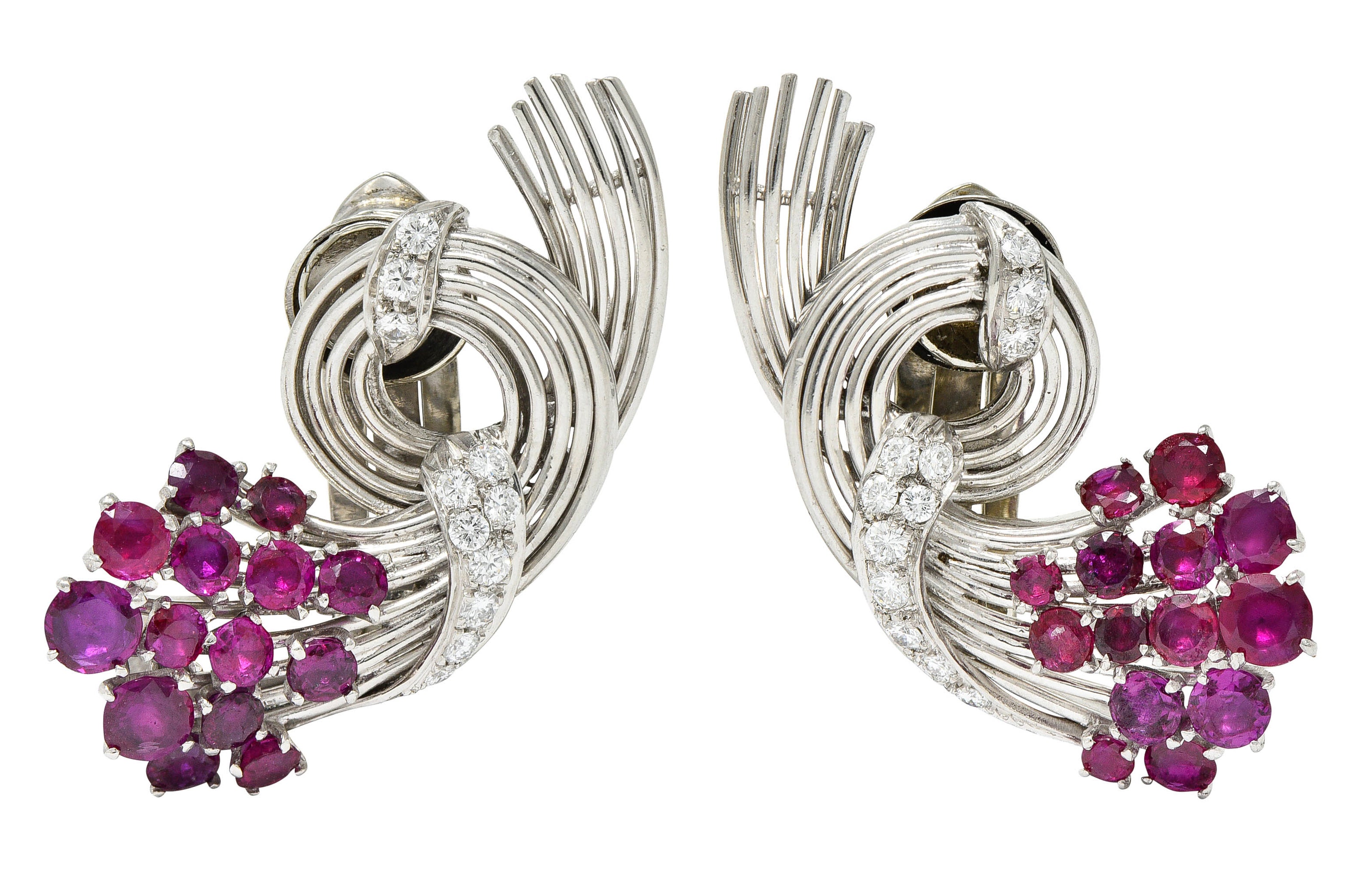 Retro 4.65 CTW Ruby Diamond Platinum Spiraling Ear-Clip EarringsEarrings - Wilson's Estate Jewelry