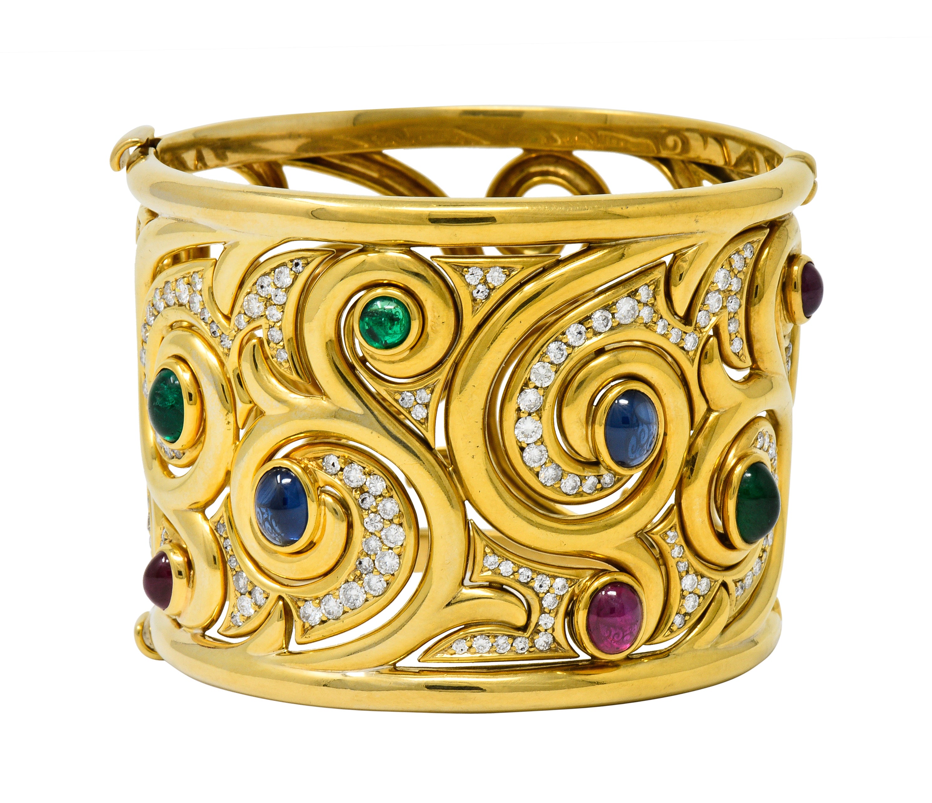 Substantial Bulgari Diamond Sapphire Ruby Emerald 18 Karat Gold Italian Filigree Bangle Braceletbracelet - Wilson's Estate Jewelry