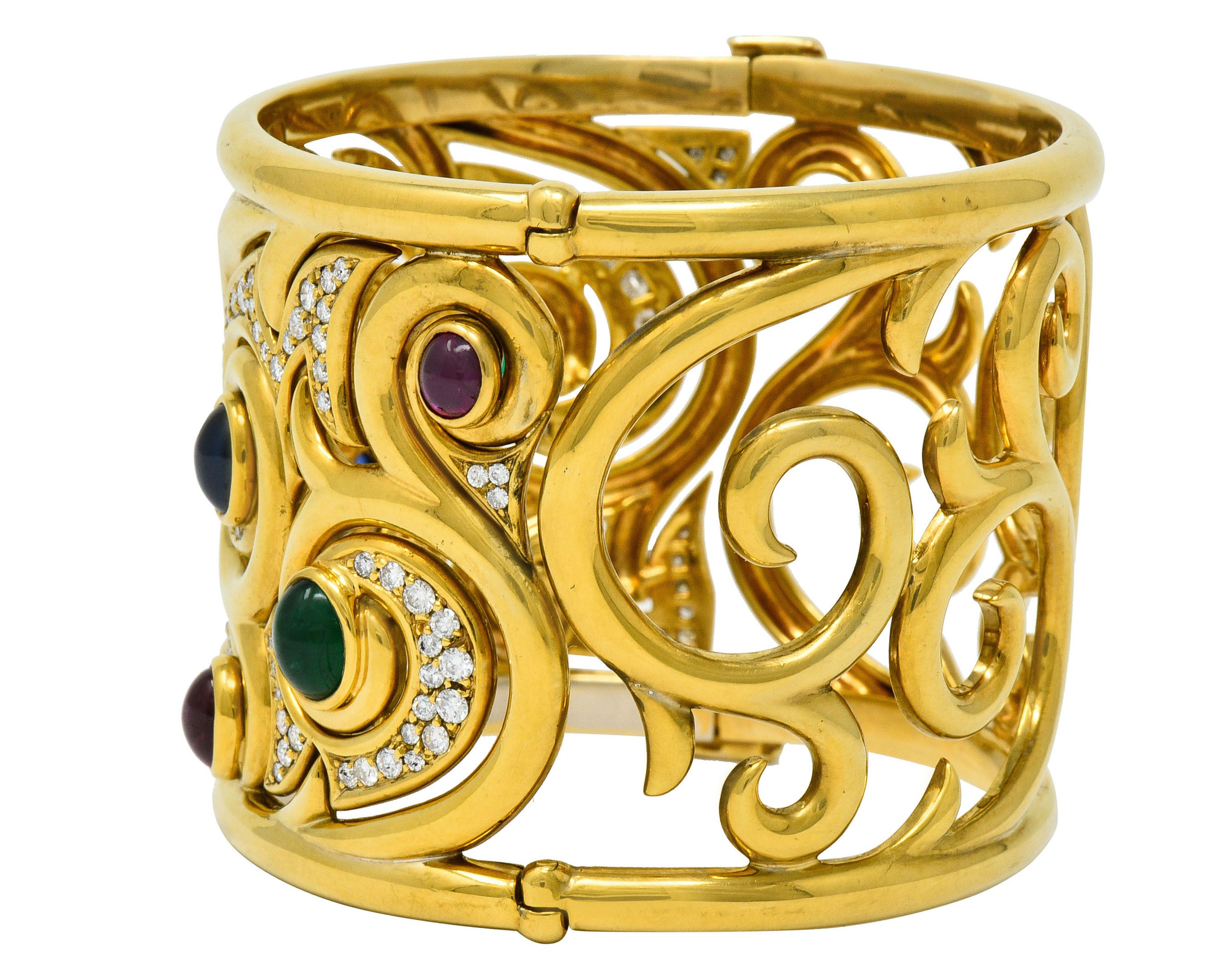 Substantial Bulgari Diamond Sapphire Ruby Emerald 18 Karat Gold Italian Filigree Bangle Braceletbracelet - Wilson's Estate Jewelry