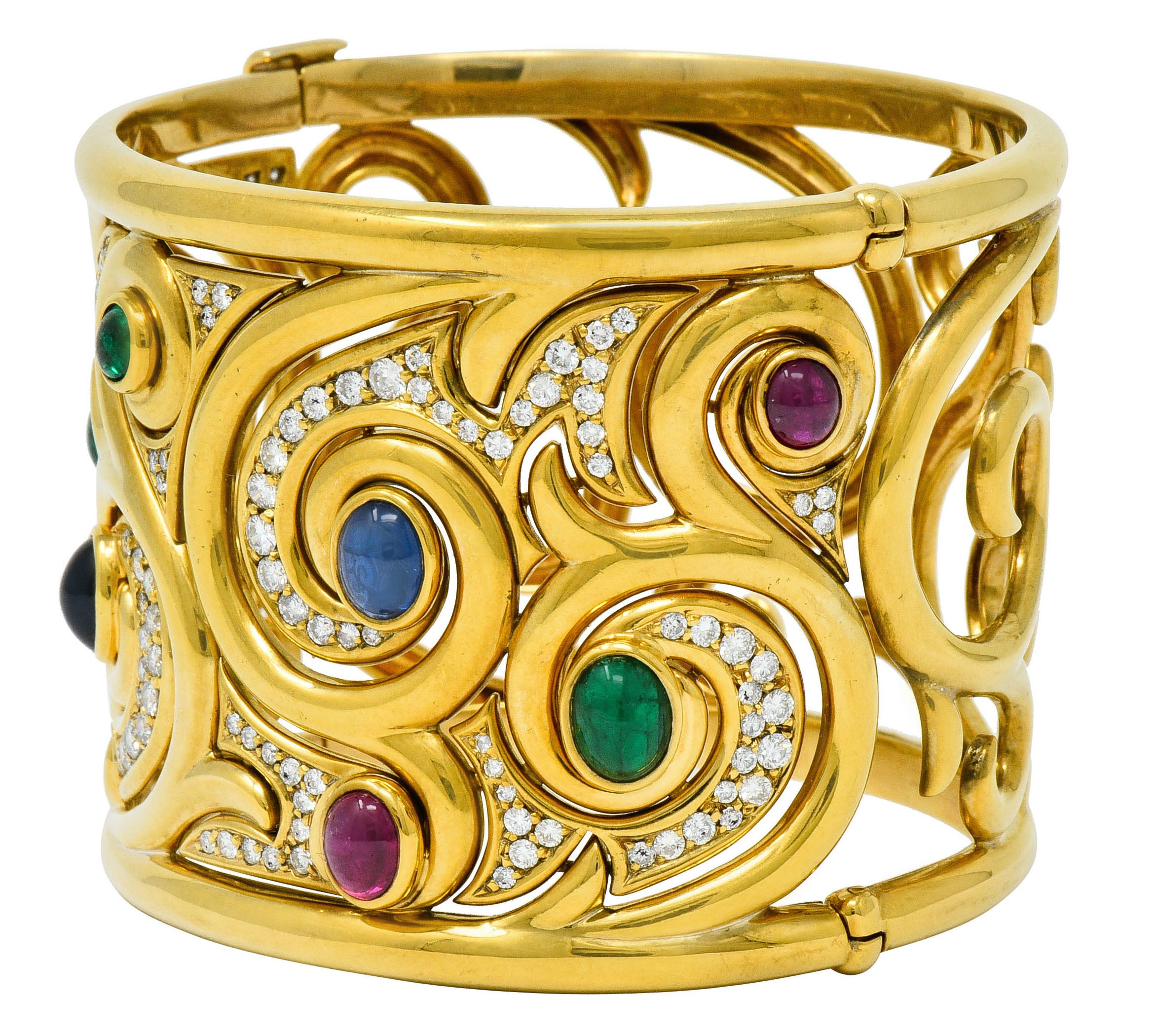 Substantial Bulgari Diamond Sapphire Ruby Emerald 18 Karat Gold Italian Filigree Bangle Braceletbracelet - Wilson's Estate Jewelry