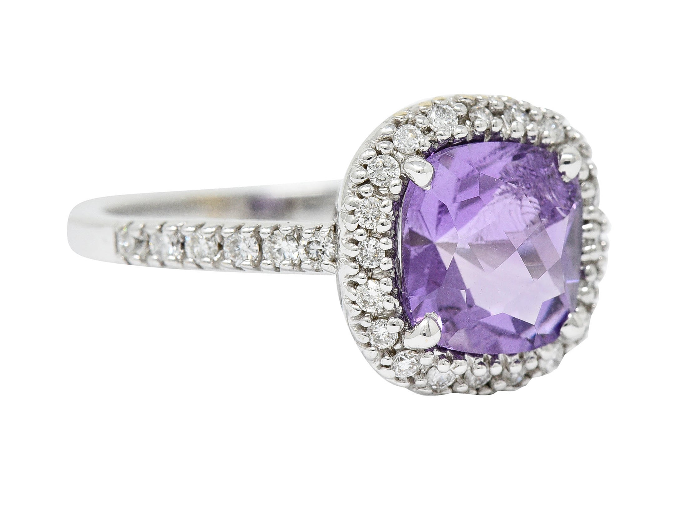 Checkerboard Amethyst Diamond Halo 18 Karat White Gold Gemstone RingRing - Wilson's Estate Jewelry