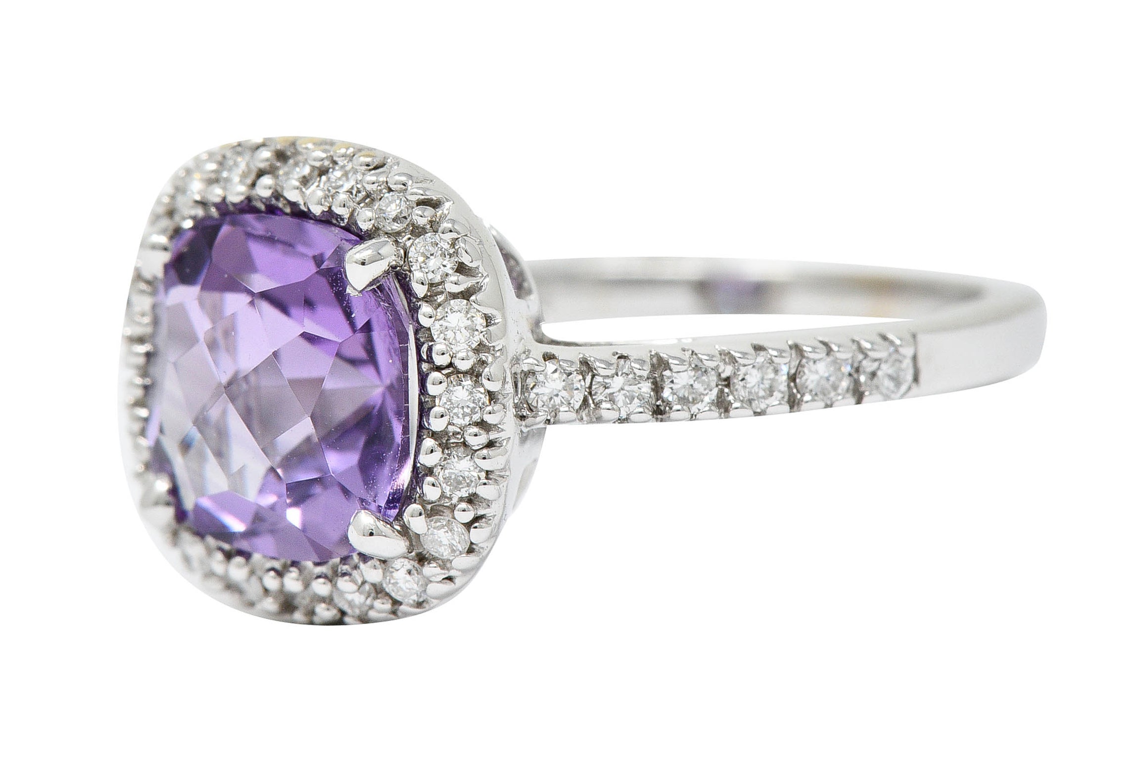 Checkerboard Amethyst Diamond Halo 18 Karat White Gold Gemstone RingRing - Wilson's Estate Jewelry