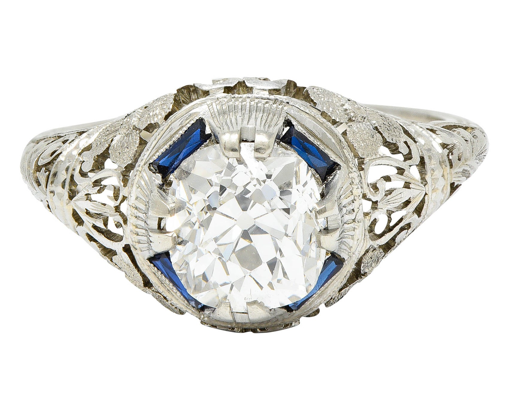 1920's Art Deco 1.76 CTW Diamond Sapphire 18 Karat White Gold Floral Engagement RingRing - Wilson's Estate Jewelry