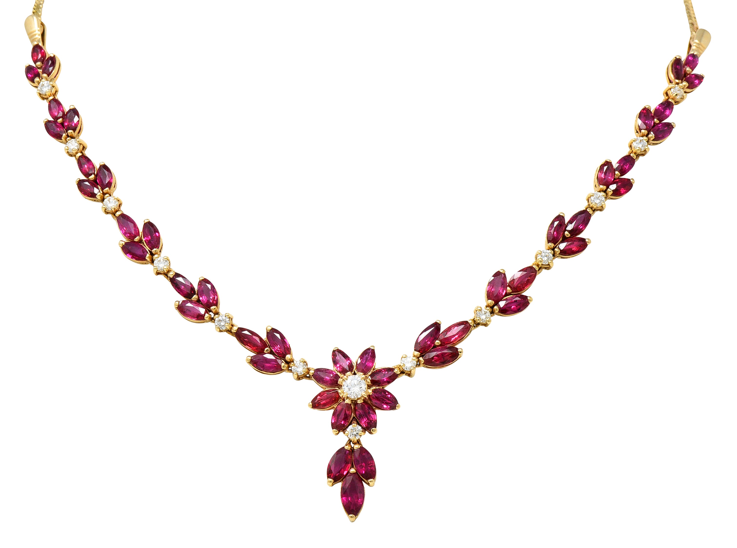 Vintage 11.50 CTW Ruby Diamond 18 Karat Yellow Gold Floral Cluster Station Necklace Wilson's Estate Jewelry