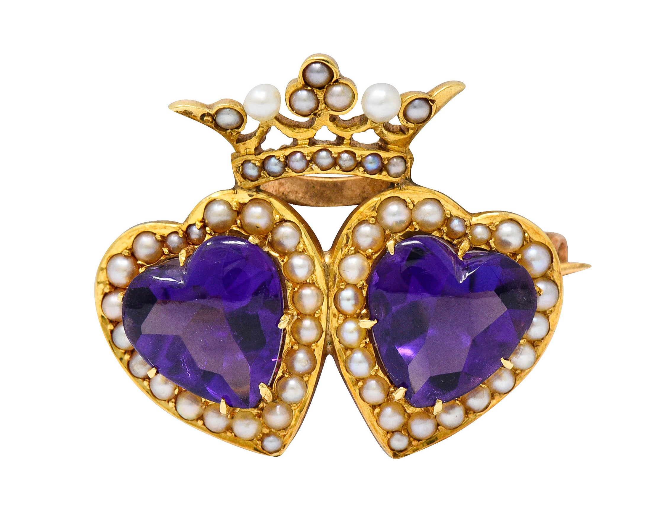 Krementz Amethyst Freshwater Natural Pearl 14 Karat Gold Double Heart BroochBrooch - Wilson's Estate Jewelry