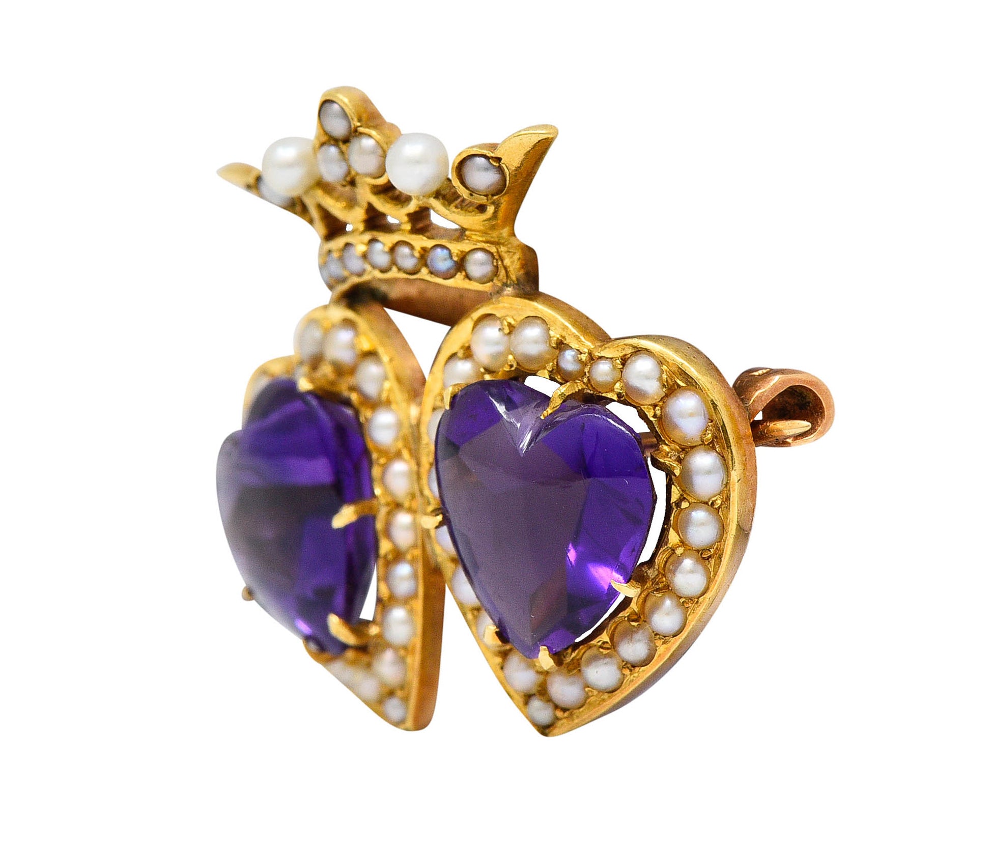 Krementz Amethyst Freshwater Natural Pearl 14 Karat Gold Double Heart BroochBrooch - Wilson's Estate Jewelry