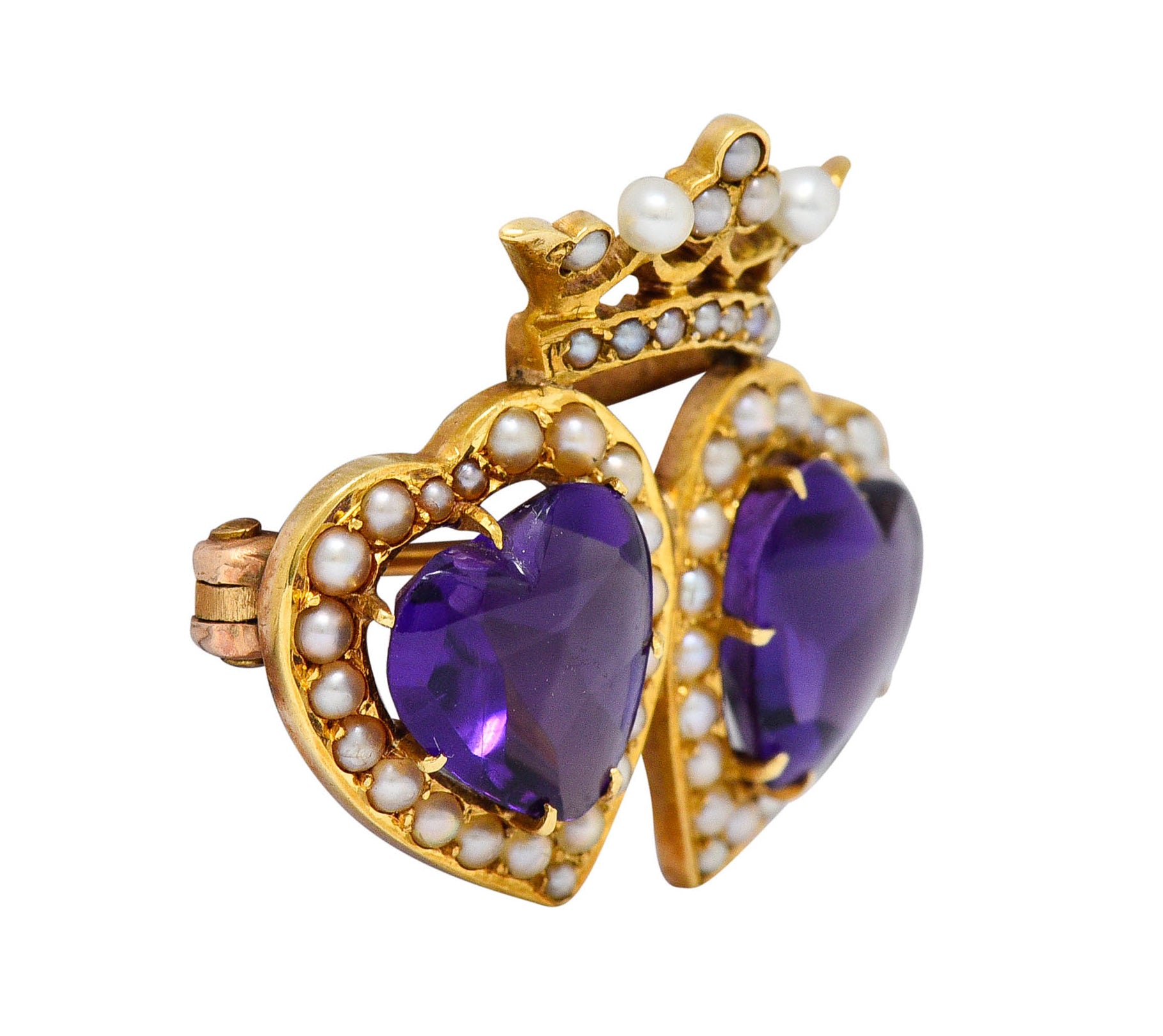 Krementz Amethyst Freshwater Natural Pearl 14 Karat Gold Double Heart BroochBrooch - Wilson's Estate Jewelry