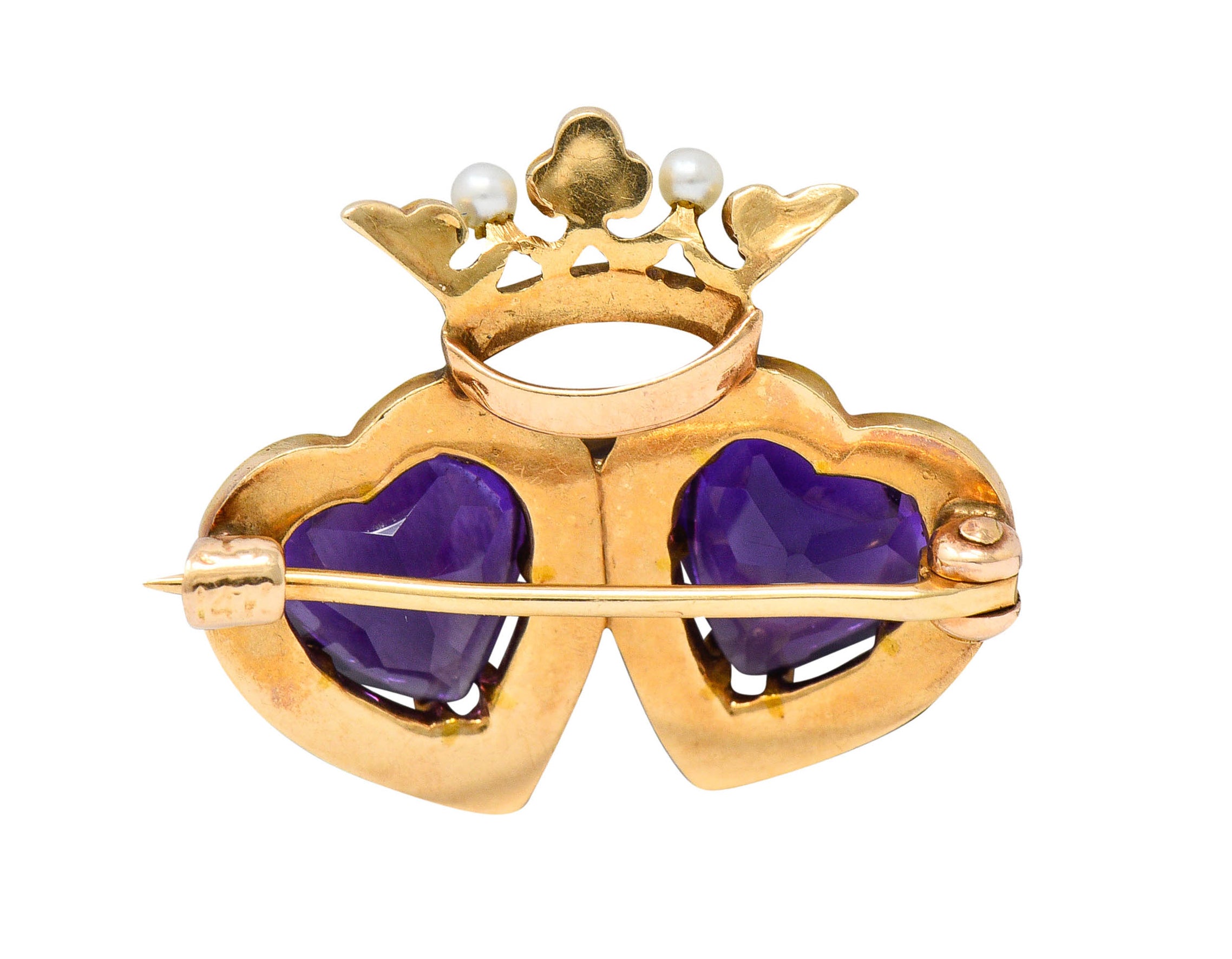 Krementz Amethyst Freshwater Natural Pearl 14 Karat Gold Double Heart BroochBrooch - Wilson's Estate Jewelry