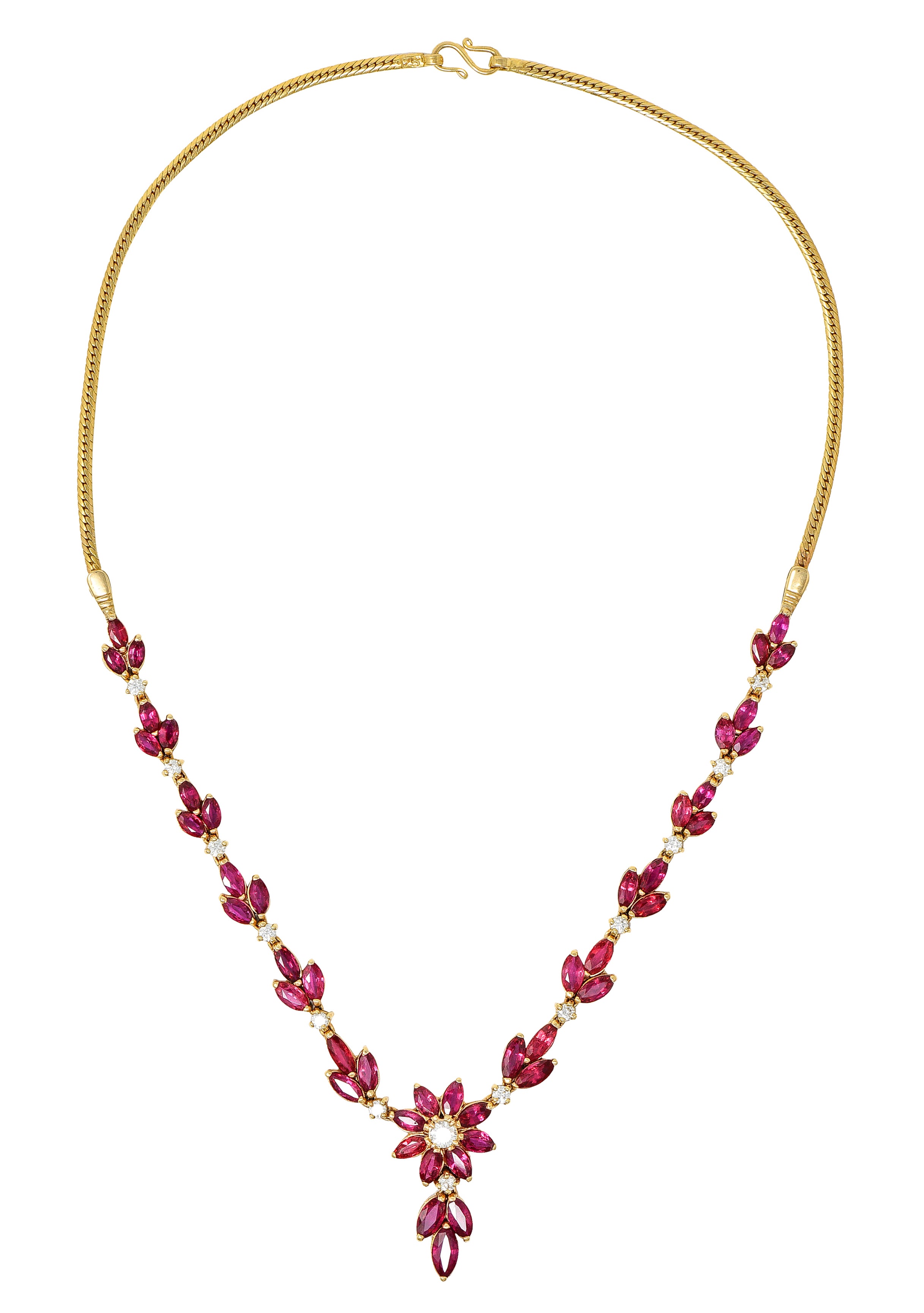 Vintage 11.50 CTW Ruby Diamond 18 Karat Yellow Gold Floral Cluster Station Necklace Wilson's Estate Jewelry