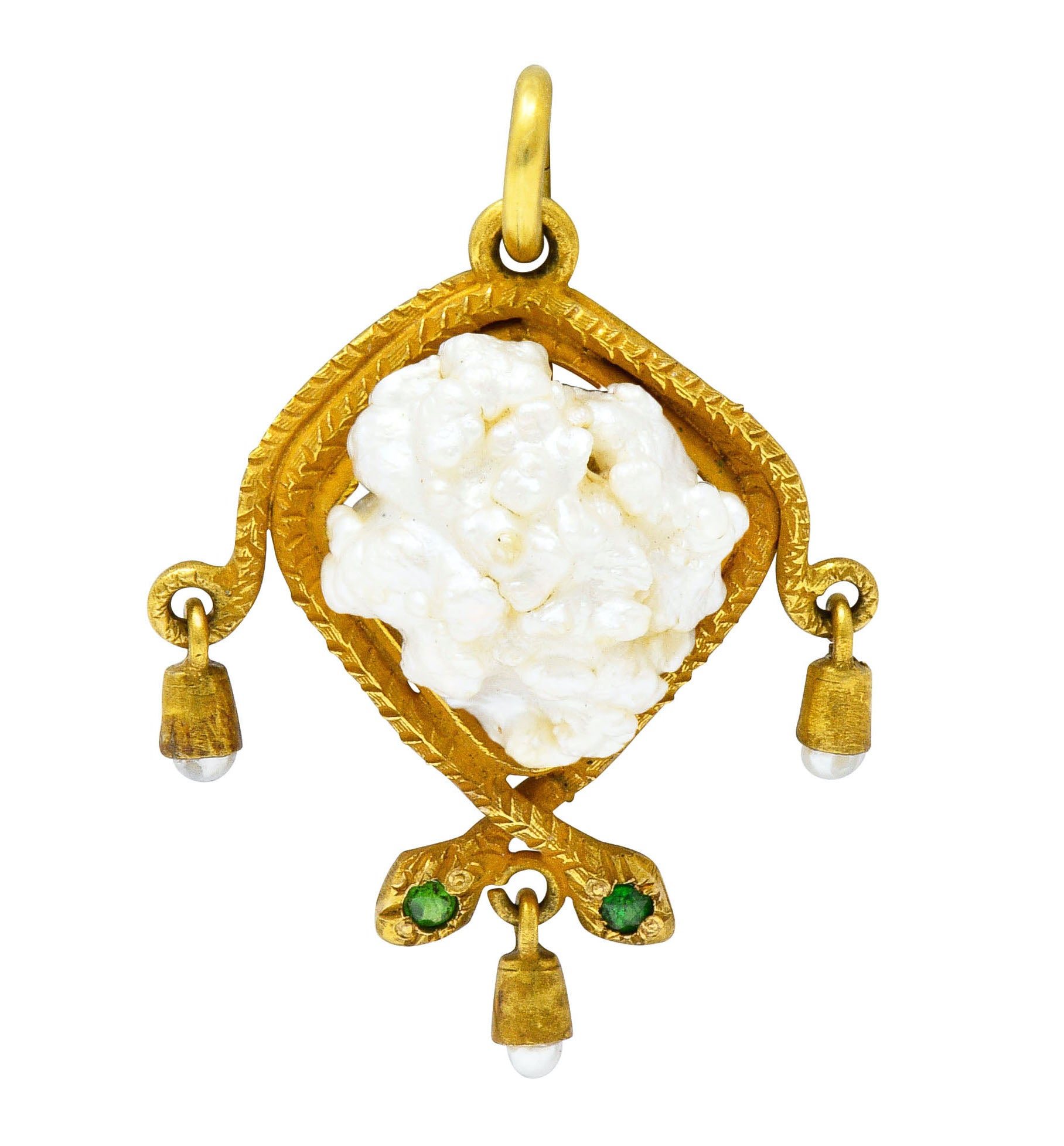 Victorian Baroque Pearl Demantoid Garnet 18 Karat Gold Snake Pendant Charmcharm - Wilson's Estate Jewelry