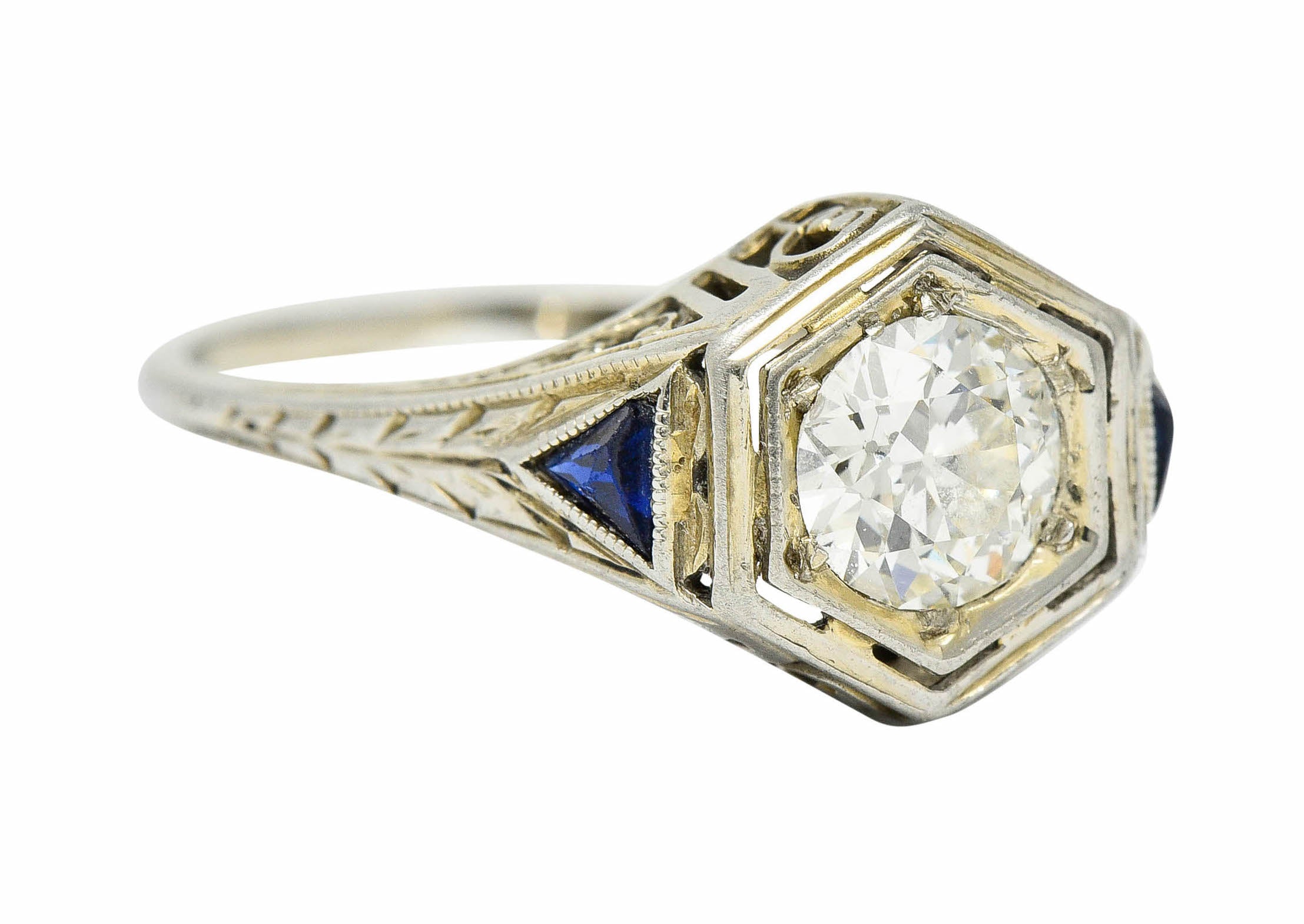 Art Deco 0.55 CTW Diamond Sapphire 18 Karat White Gold Hexagonal RingRing - Wilson's Estate Jewelry