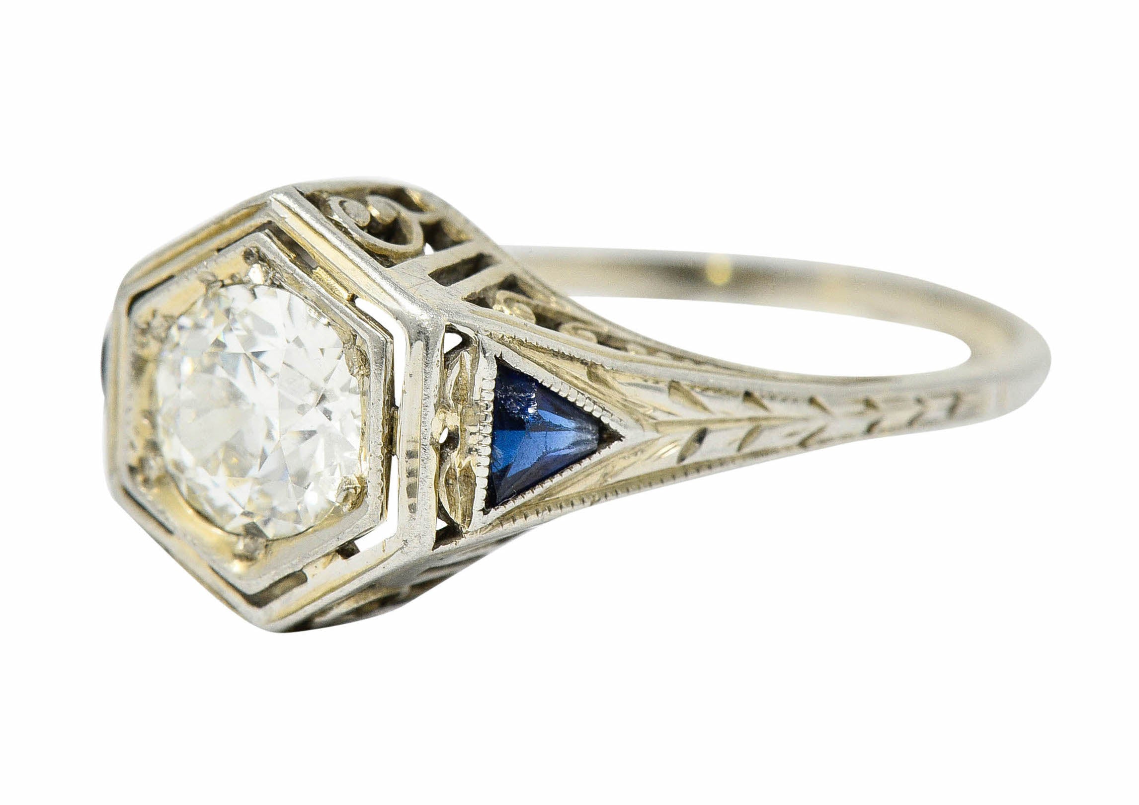 Art Deco 0.55 CTW Diamond Sapphire 18 Karat White Gold Hexagonal RingRing - Wilson's Estate Jewelry