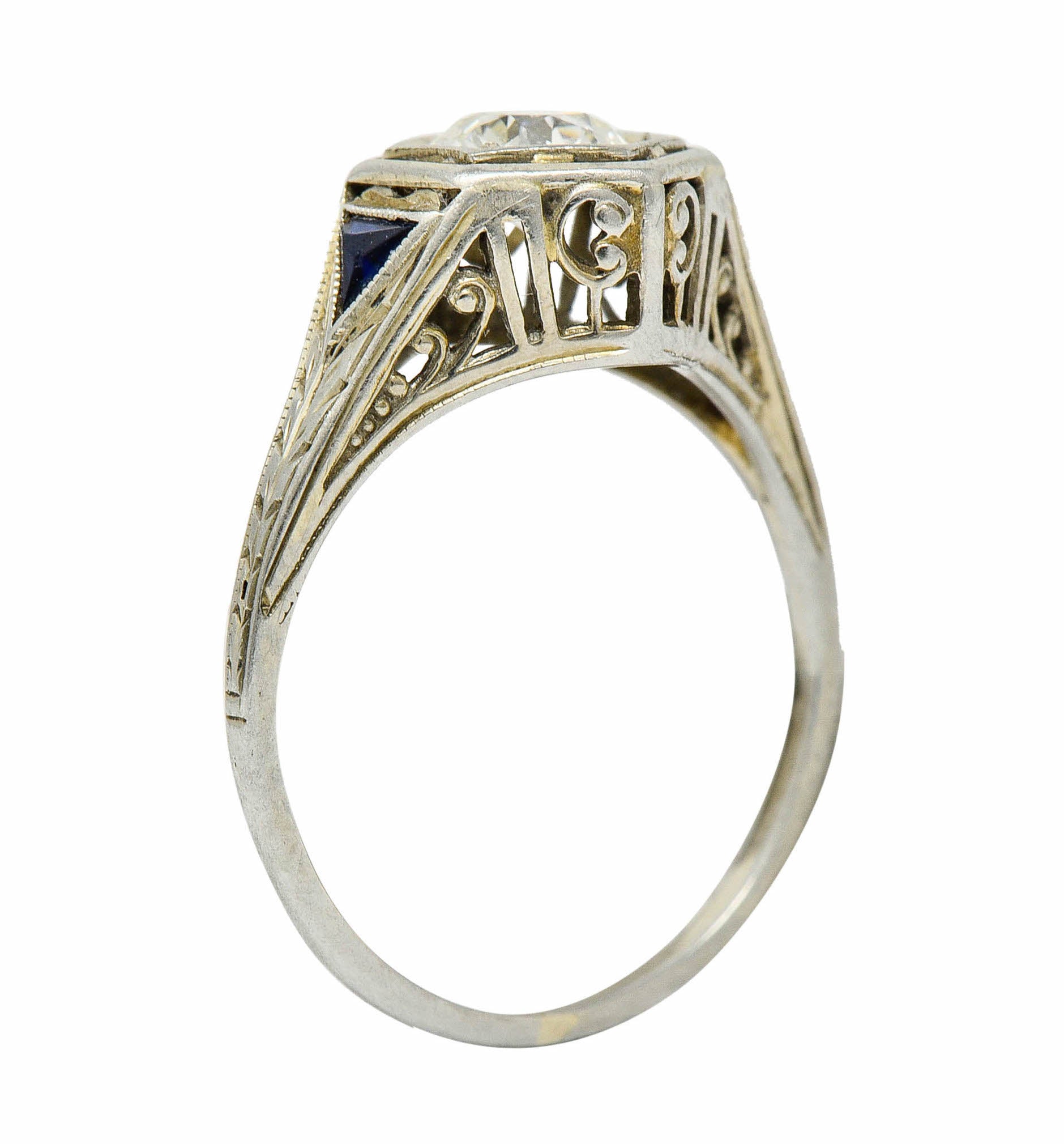 Art Deco 0.55 CTW Diamond Sapphire 18 Karat White Gold Hexagonal RingRing - Wilson's Estate Jewelry