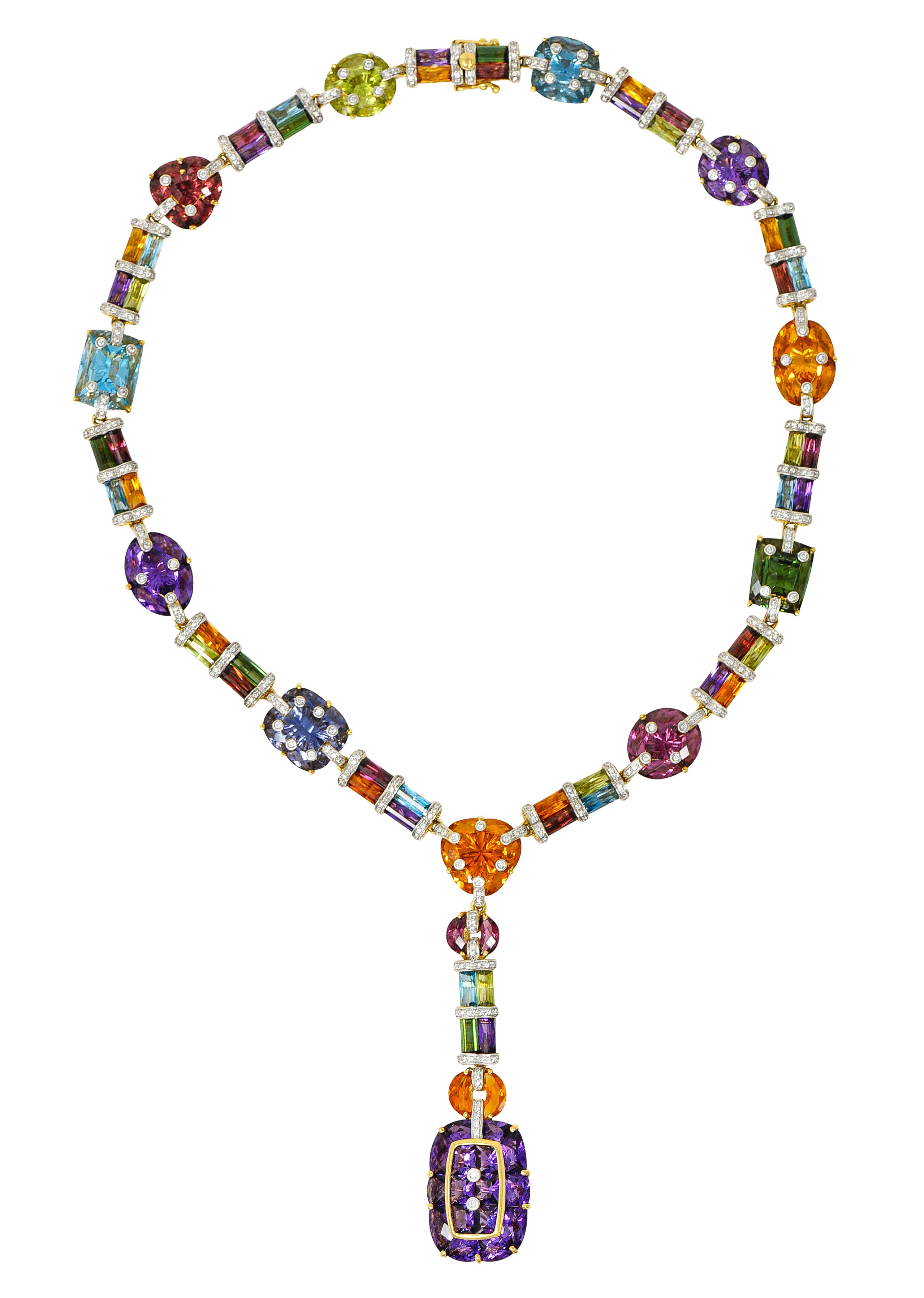 Bellarri Multi-Gem Diamond 18 Karat Two-Tone Gold Convertible Gemstone Station Enhancer Drop Collar Necklace Wilson's Estate Jewelry