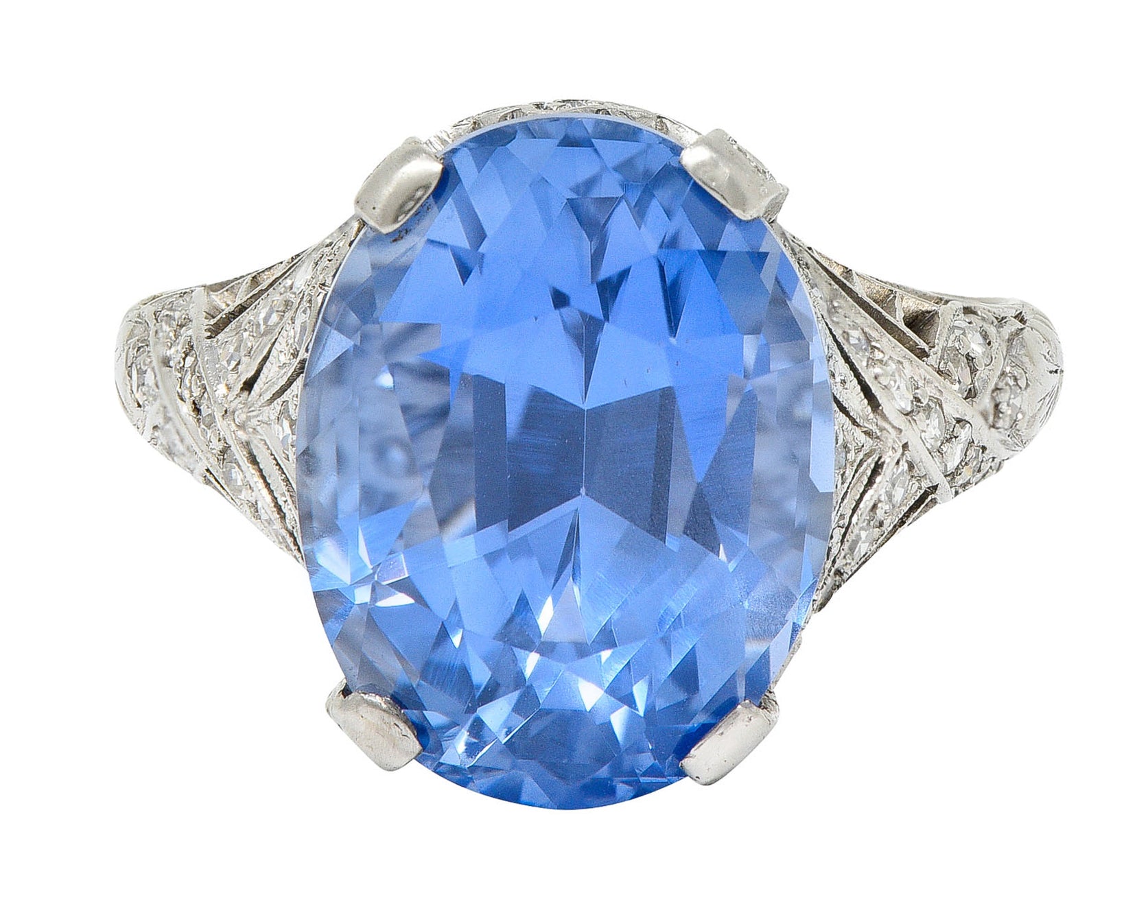 Edwardian 12.02 CTW No Heat Ceylon Sapphire Diamond Platinum Statement Ring GIARing - Wilson's Estate Jewelry