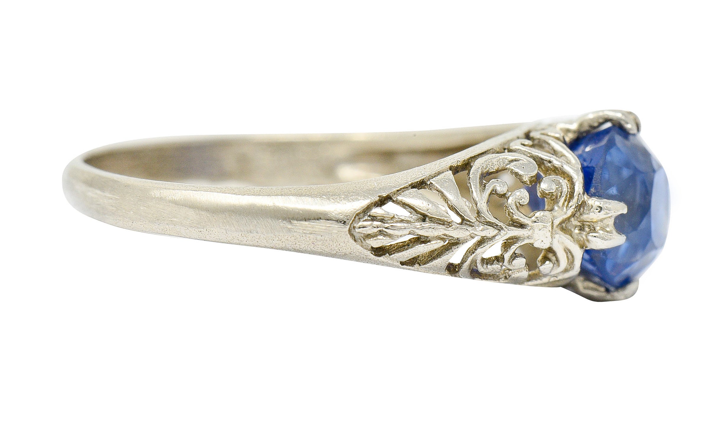 Art Deco 1.90 CTW Sapphire 14 Karat White Gold Scrolled Foliate RingRing - Wilson's Estate Jewelry