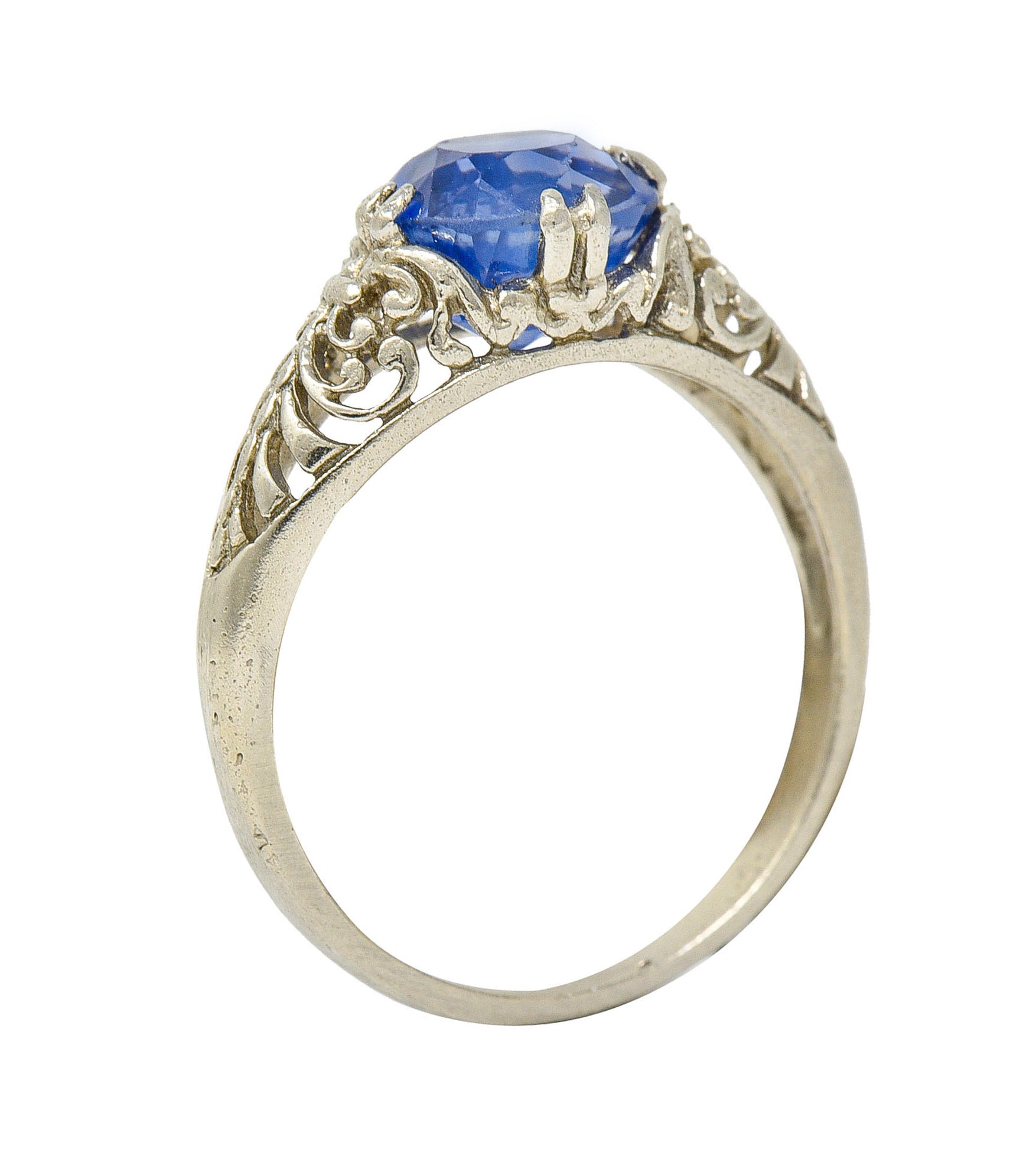 Art Deco 1.90 CTW Sapphire 14 Karat White Gold Scrolled Foliate RingRing - Wilson's Estate Jewelry