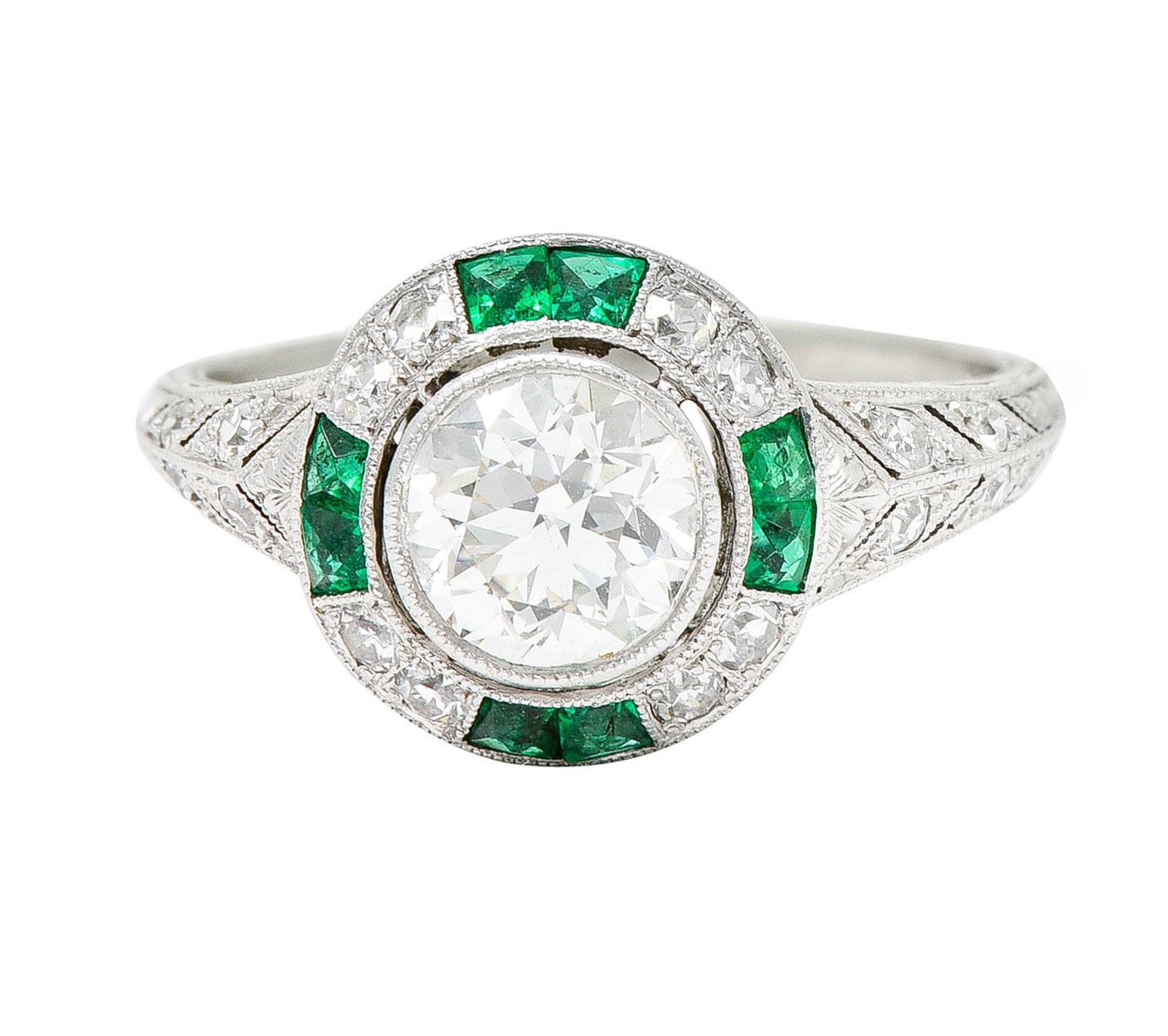 Art Deco Old European Diamond Emerald Platinum Engagement RingRing - Wilson's Estate Jewelry