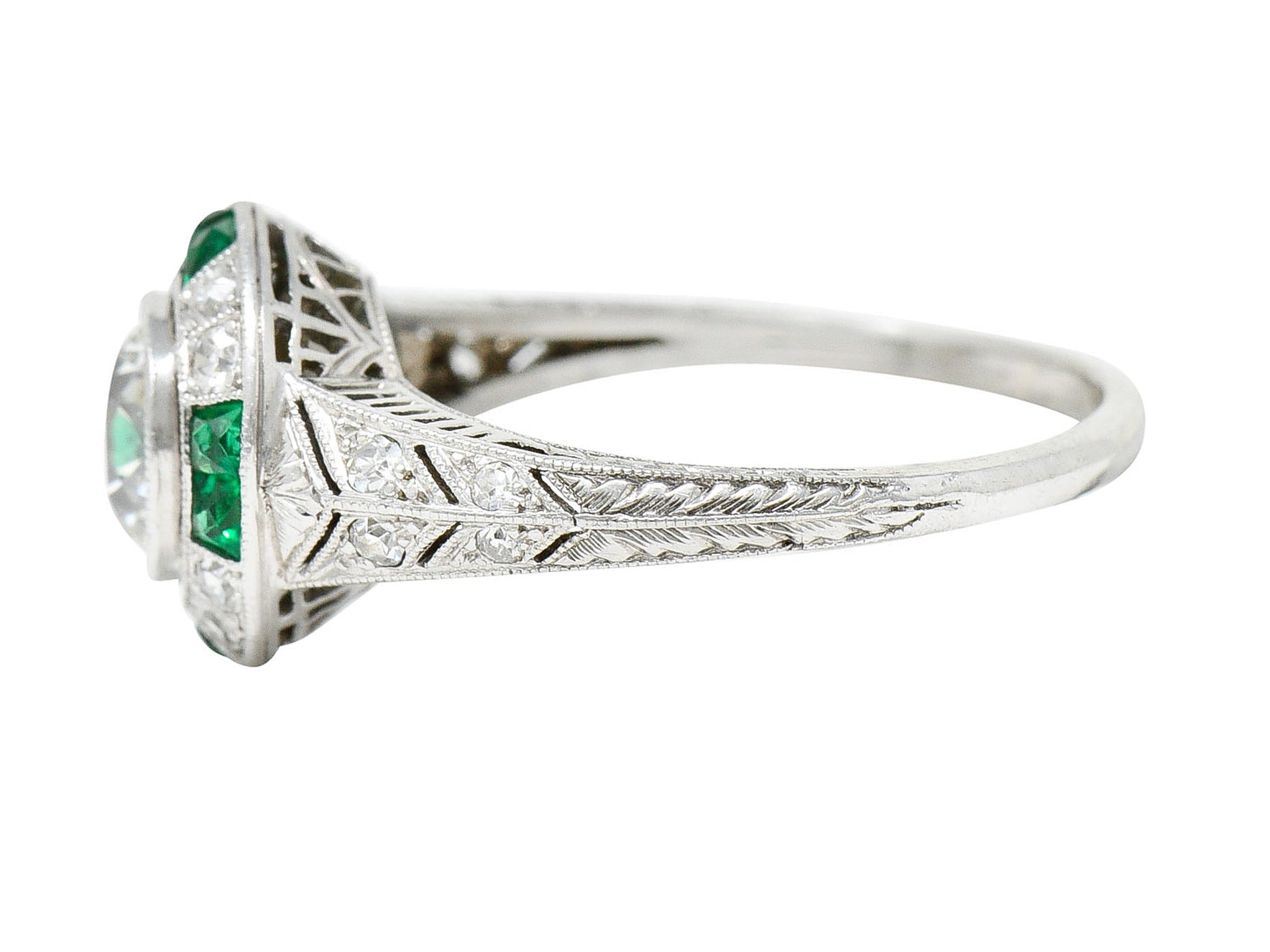 Art Deco Old European Diamond Emerald Platinum Engagement RingRing - Wilson's Estate Jewelry