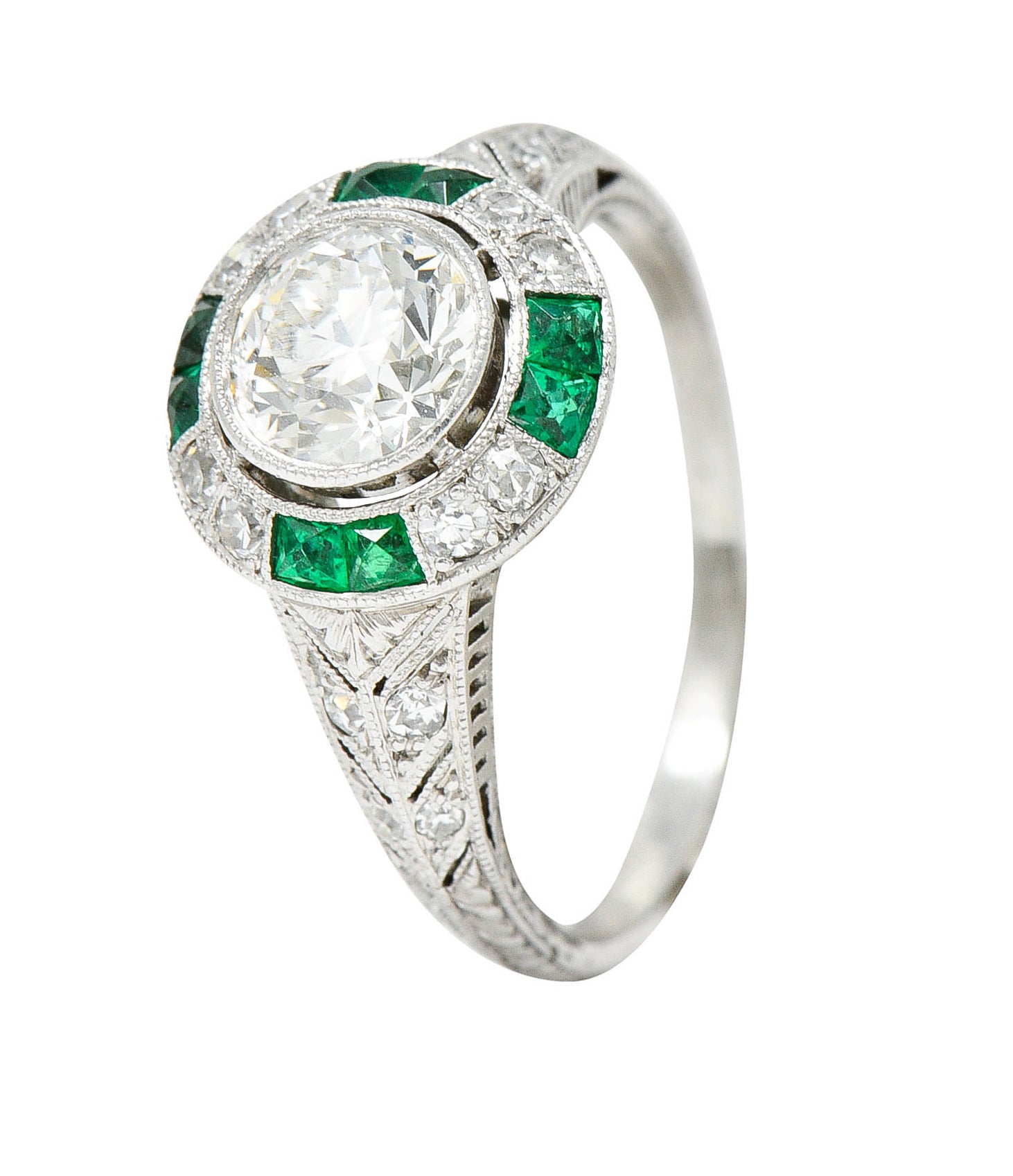 Art Deco Old European Diamond Emerald Platinum Engagement RingRing - Wilson's Estate Jewelry