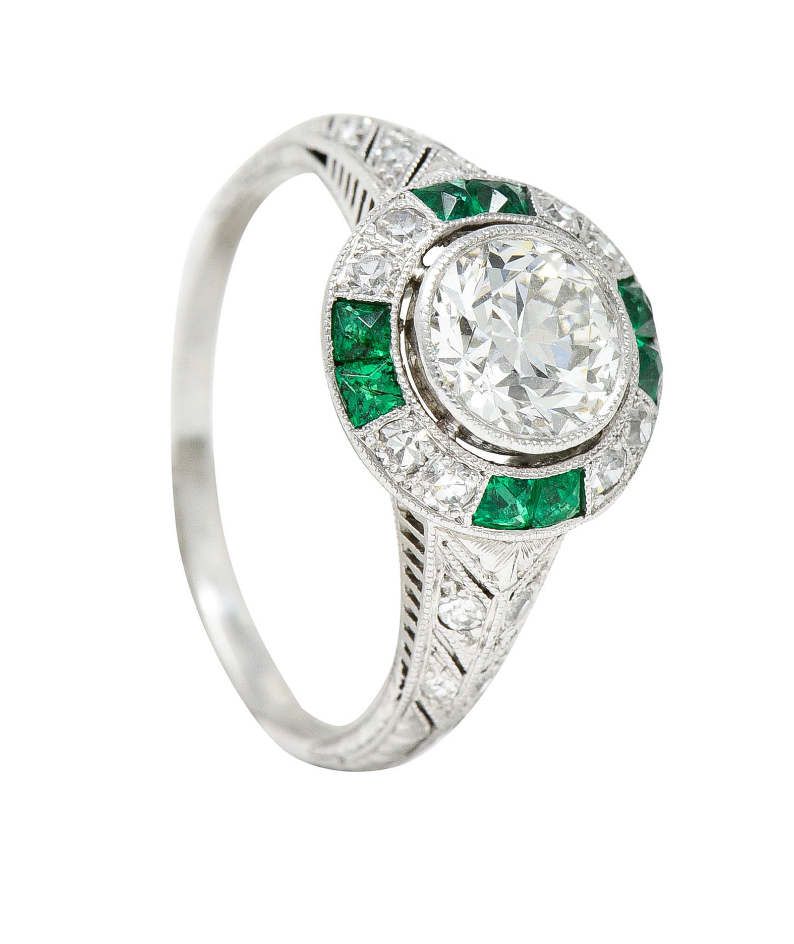 Art Deco Old European Diamond Emerald Platinum Engagement RingRing - Wilson's Estate Jewelry