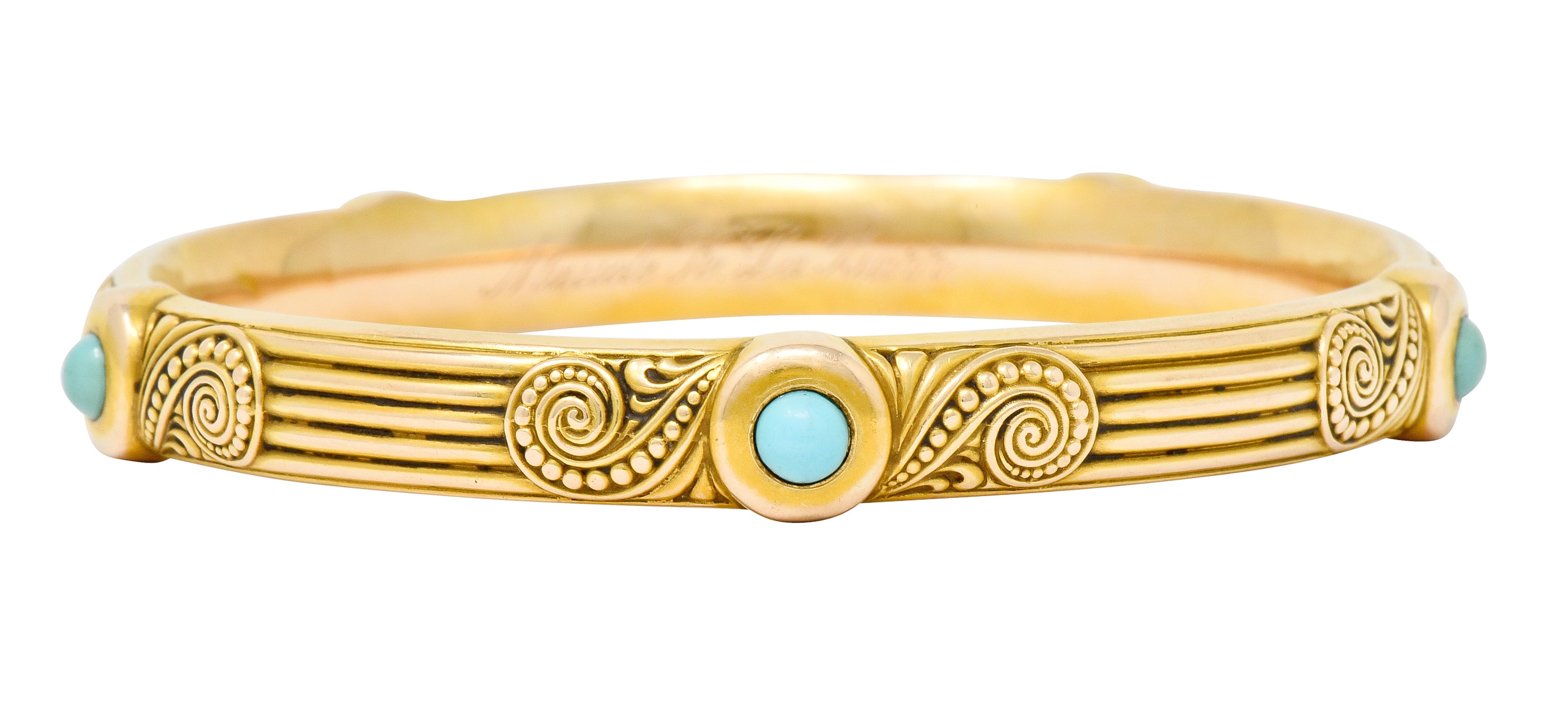 Riker Brothers Art Nouveau Turquoise Cabochon 14 Karat Gold Bangle Bracelet - Wilson's Estate Jewelry