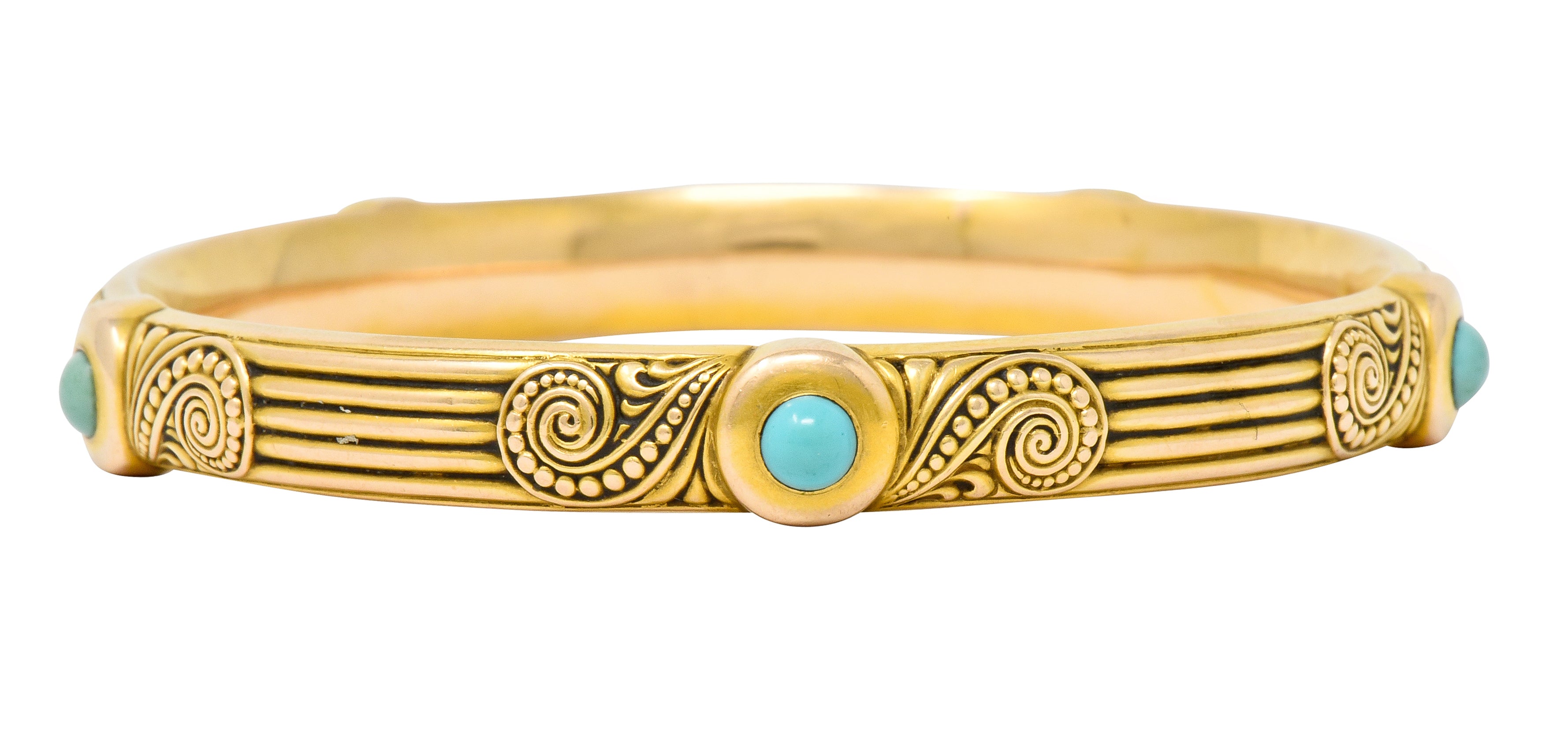 Riker Brothers Art Nouveau Turquoise Cabochon 14 Karat Gold Bangle Bracelet - Wilson's Estate Jewelry